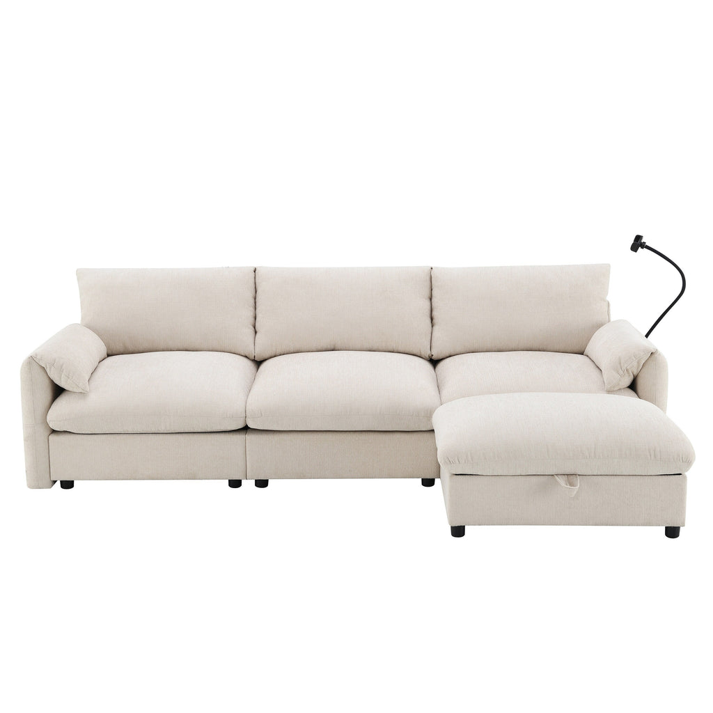 Canapé sectionnel en chenille avec pouf de rangement et poches, support de téléphone réglable, assise large, ensemble de canapé en L avec chargeur USB