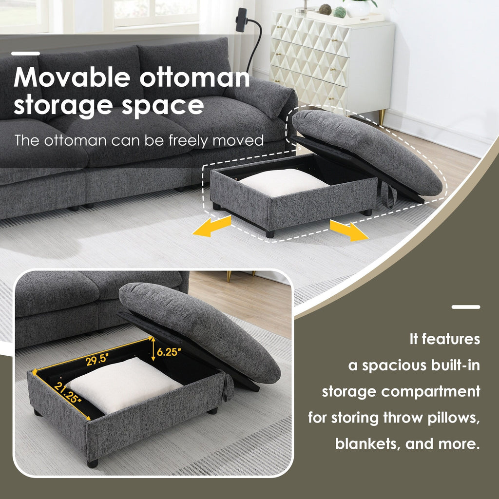 Canapé sectionnel en chenille avec pouf de rangement et poches, support de téléphone réglable, assise large, ensemble de canapé en L avec chargeur USB