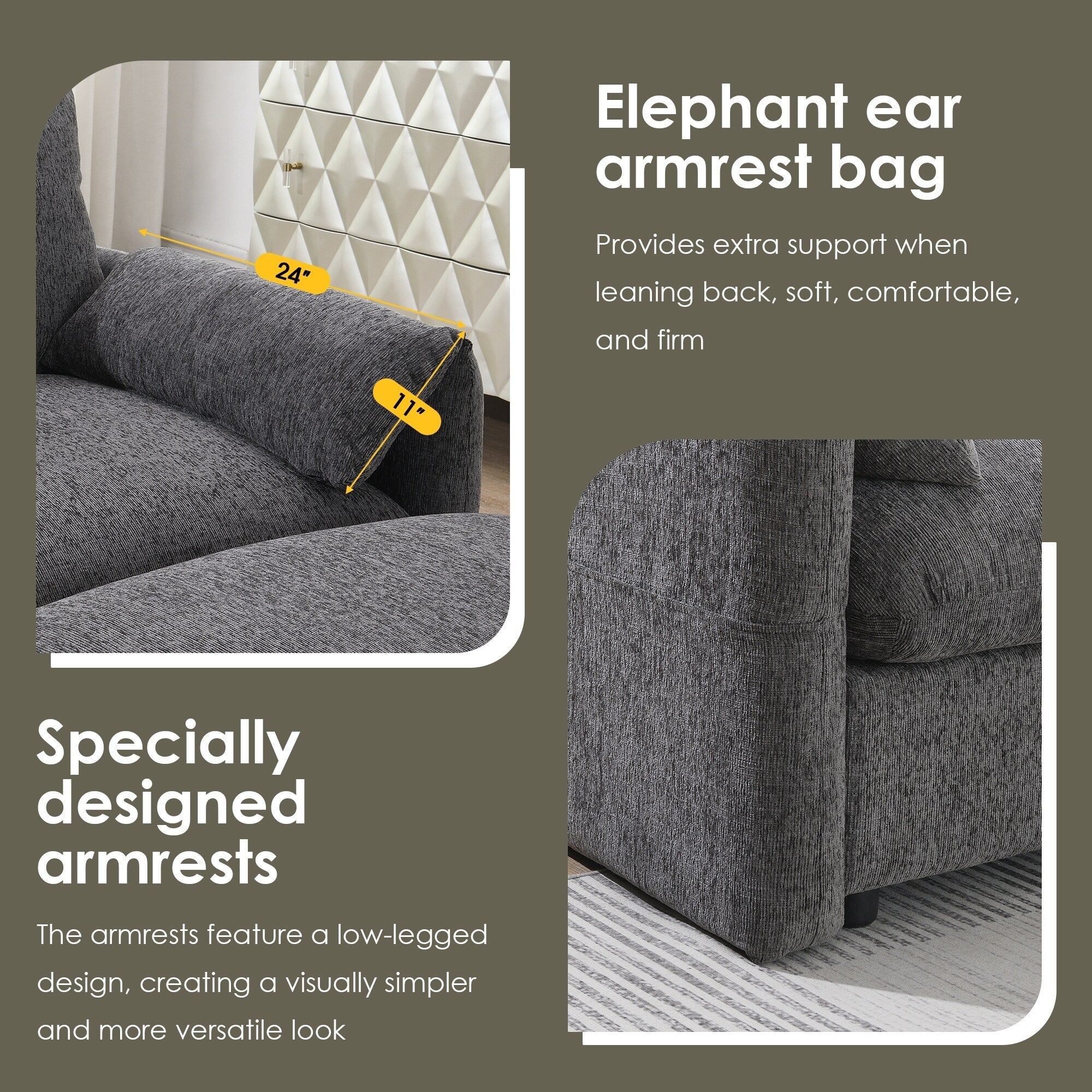 Canapé sectionnel en chenille avec pouf de rangement et poches, support de téléphone réglable, assise large, ensemble de canapé en L avec chargeur USB