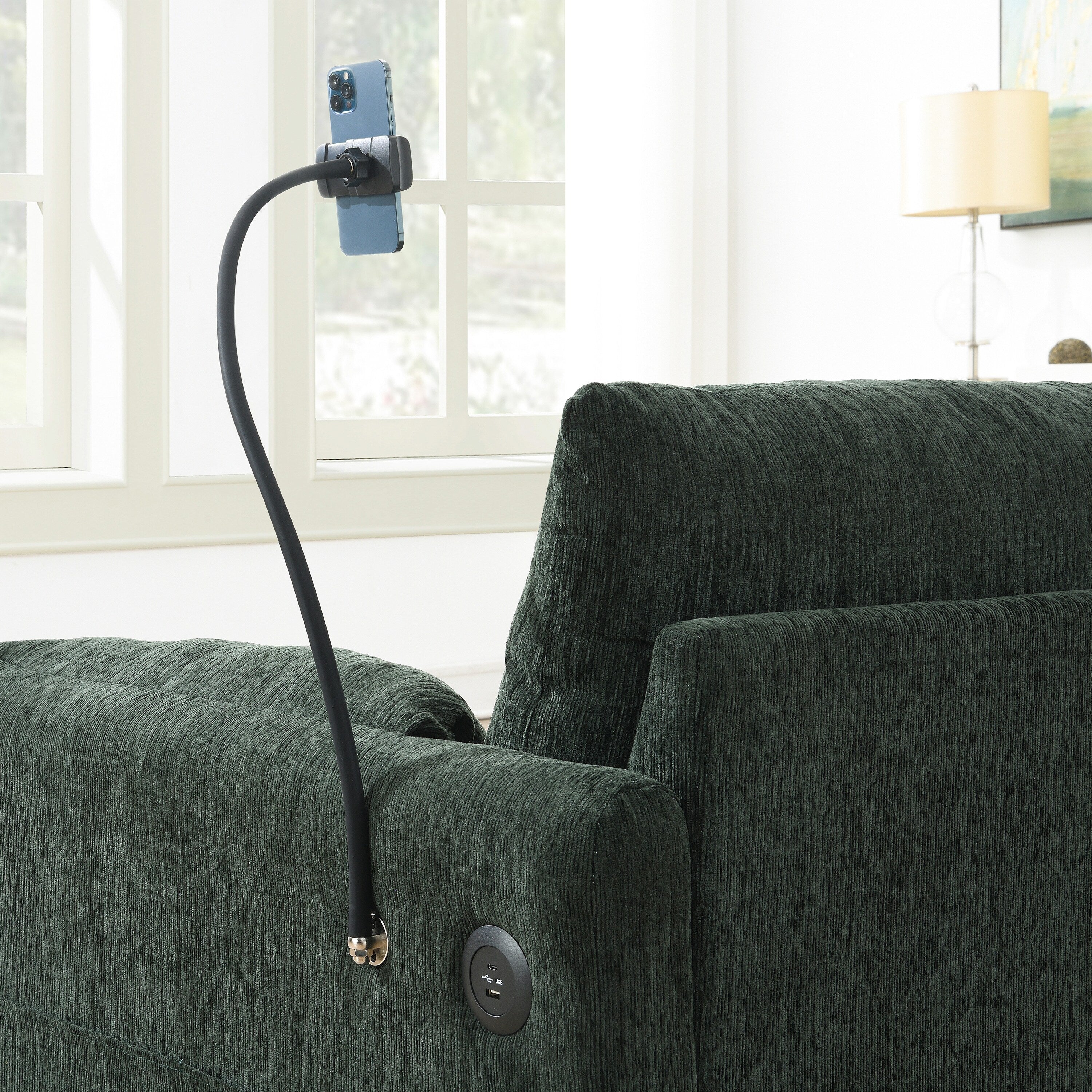 Canapé sectionnel en chenille avec pouf de rangement et poches, support de téléphone réglable, assise large, ensemble de canapé en L avec chargeur USB