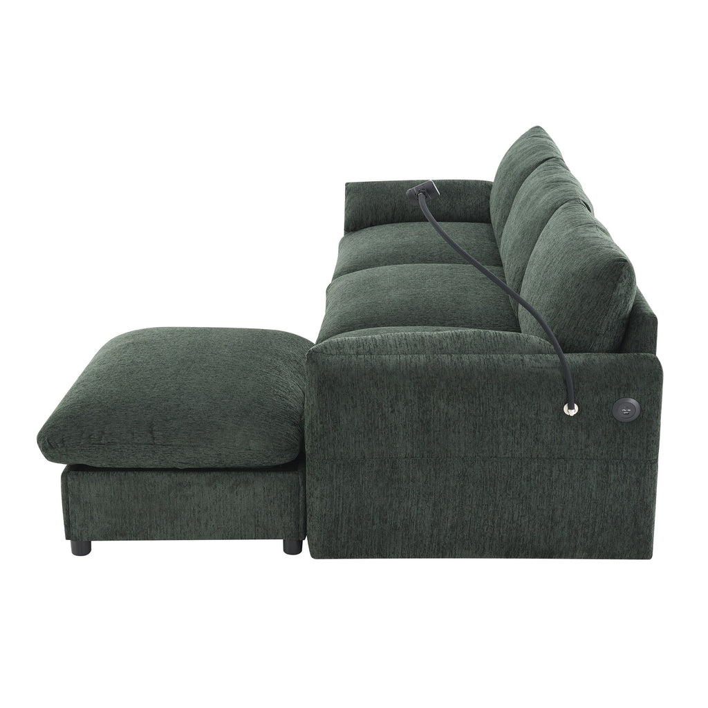 Canapé sectionnel en chenille avec pouf de rangement et poches, support de téléphone réglable, assise large, ensemble de canapé en L avec chargeur USB