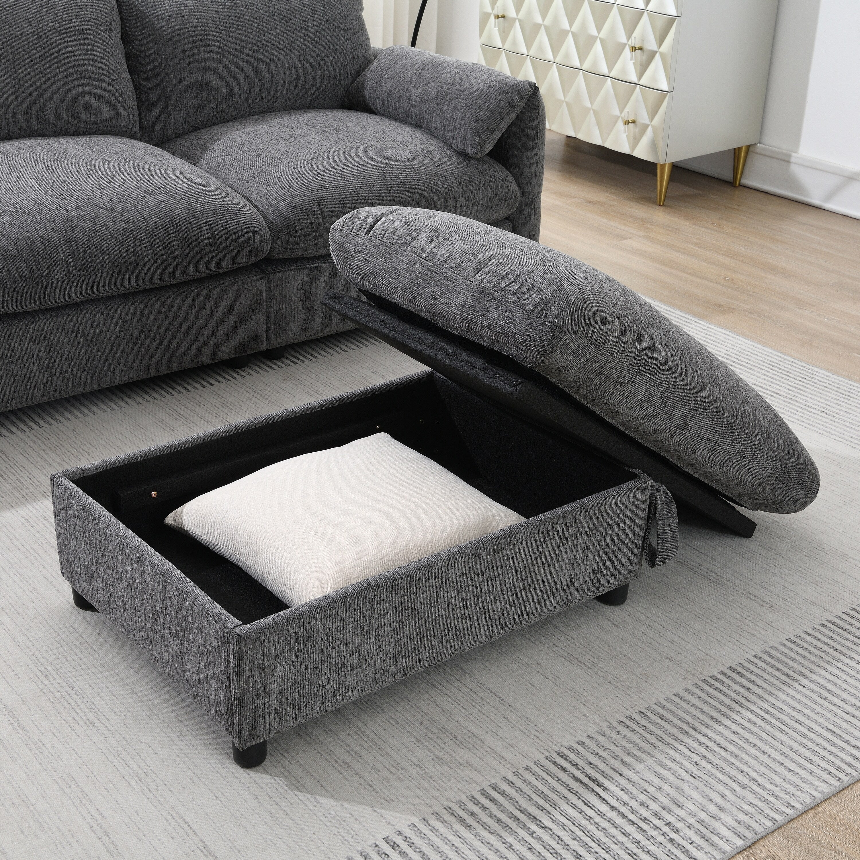 Canapé sectionnel en chenille avec pouf de rangement et poches, support de téléphone réglable, assise large, ensemble de canapé en L avec chargeur USB