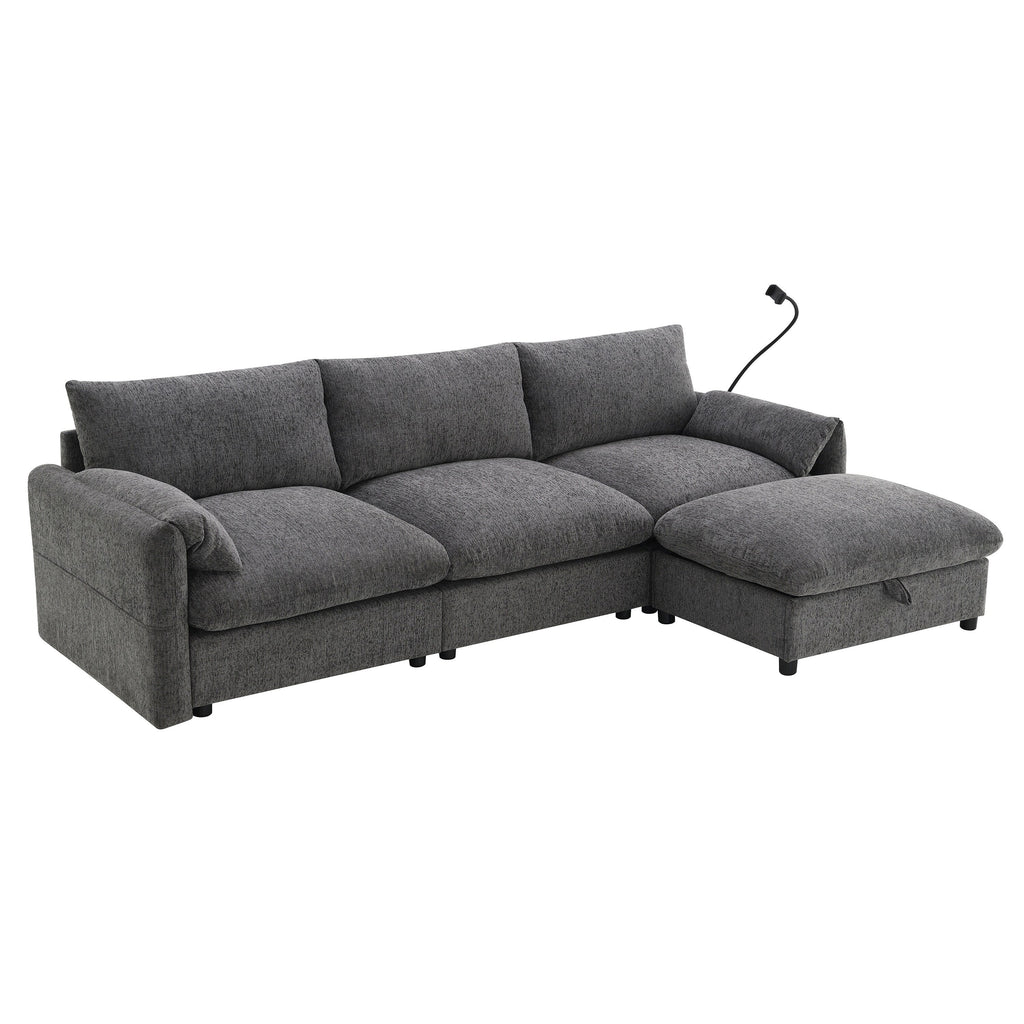 Canapé sectionnel en chenille avec pouf de rangement et poches, support de téléphone réglable, assise large, ensemble de canapé en L avec chargeur USB