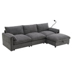 Canapé sectionnel en chenille avec pouf de rangement et poches, support de téléphone réglable, assise large, ensemble de canapé en L avec chargeur USB