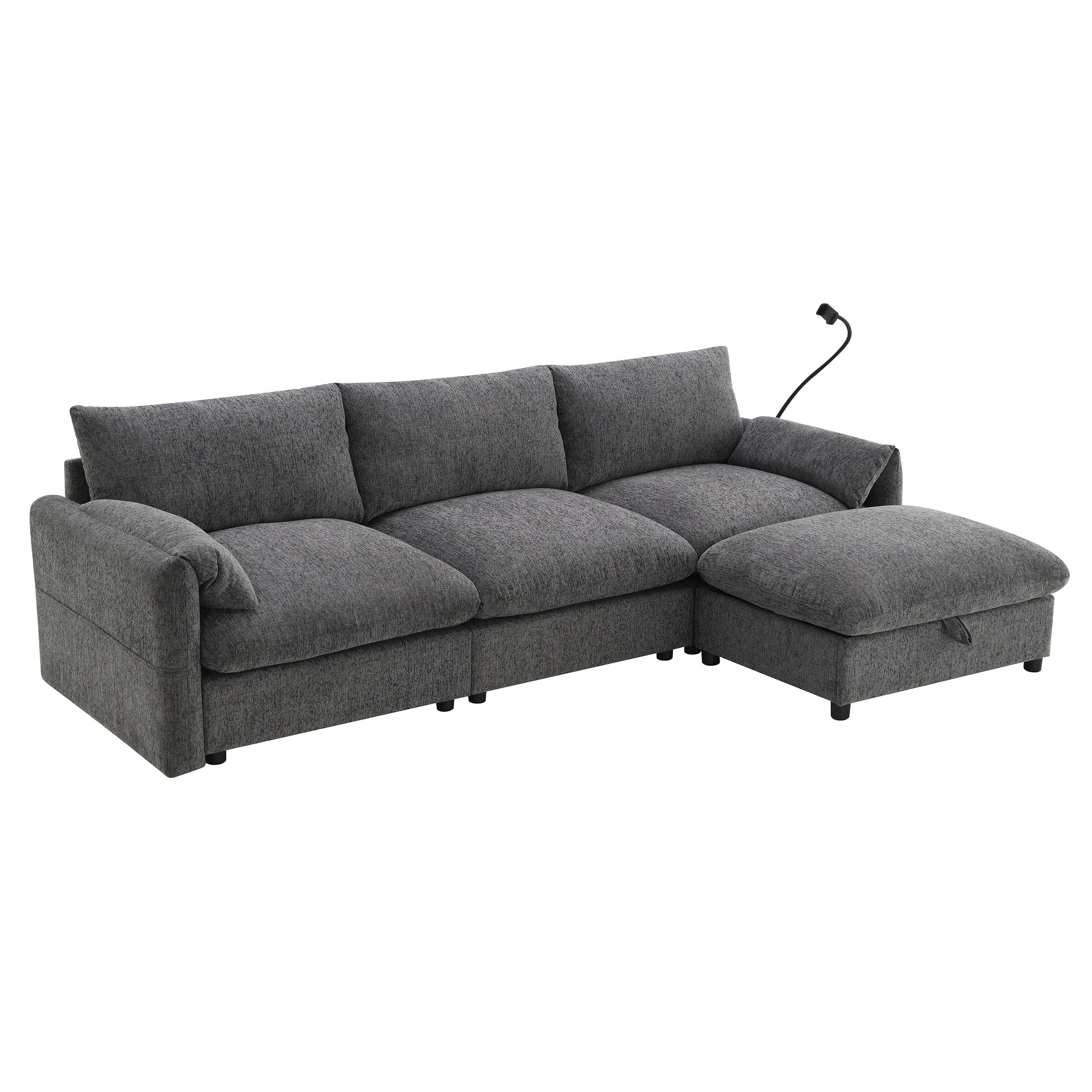 Canapé sectionnel en chenille avec pouf de rangement et poches, support de téléphone réglable, assise large, ensemble de canapé en L avec chargeur USB