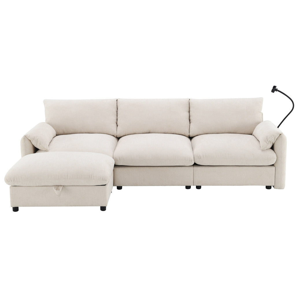 Canapé sectionnel en chenille avec pouf de rangement et poches, support de téléphone réglable, assise large, ensemble de canapé en L avec chargeur USB