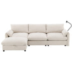 Canapé sectionnel en chenille avec pouf de rangement et poches, support de téléphone réglable, assise large, ensemble de canapé en L avec chargeur USB