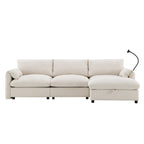 Canapé sectionnel en chenille avec pouf de rangement et poches, support de téléphone réglable, assise large, ensemble de canapé en L avec chargeur USB