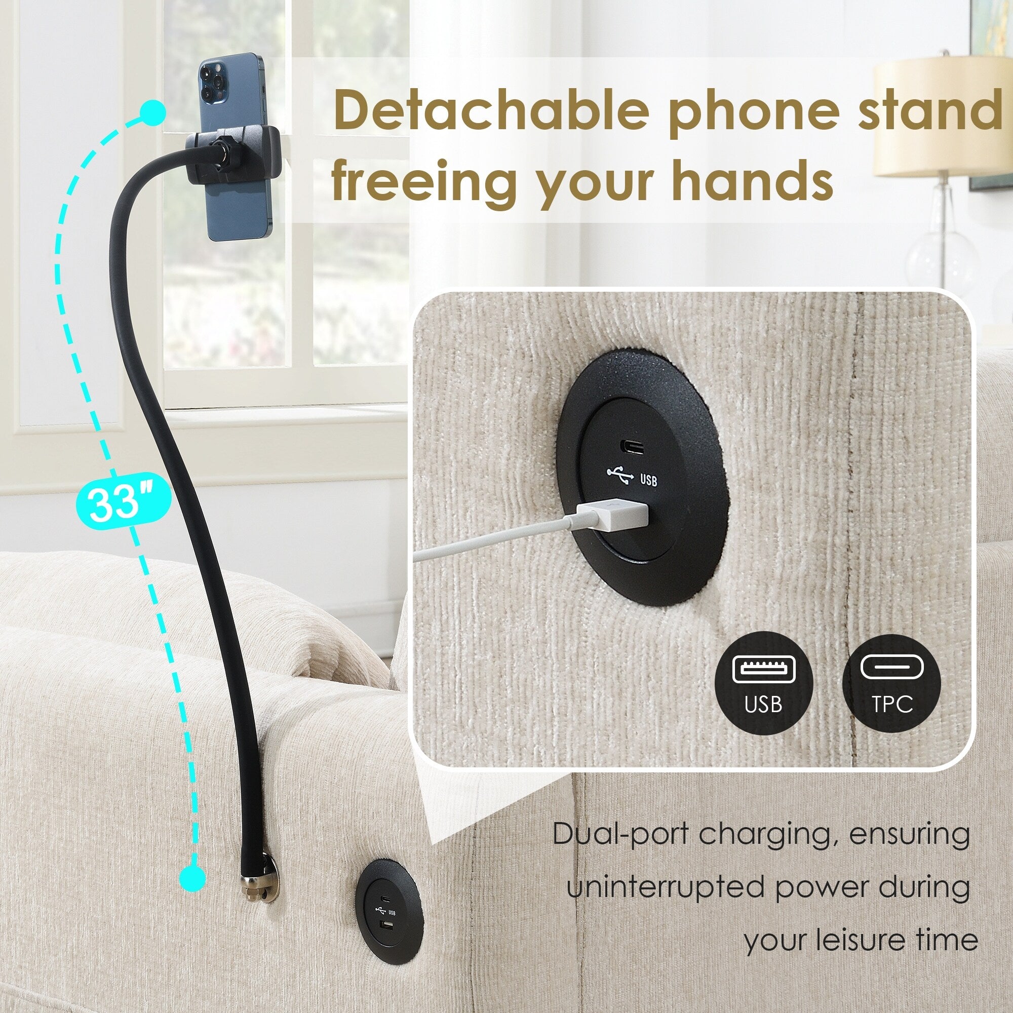 Canapé sectionnel en chenille avec pouf de rangement et poches, support de téléphone réglable, assise large, ensemble de canapé en L avec chargeur USB