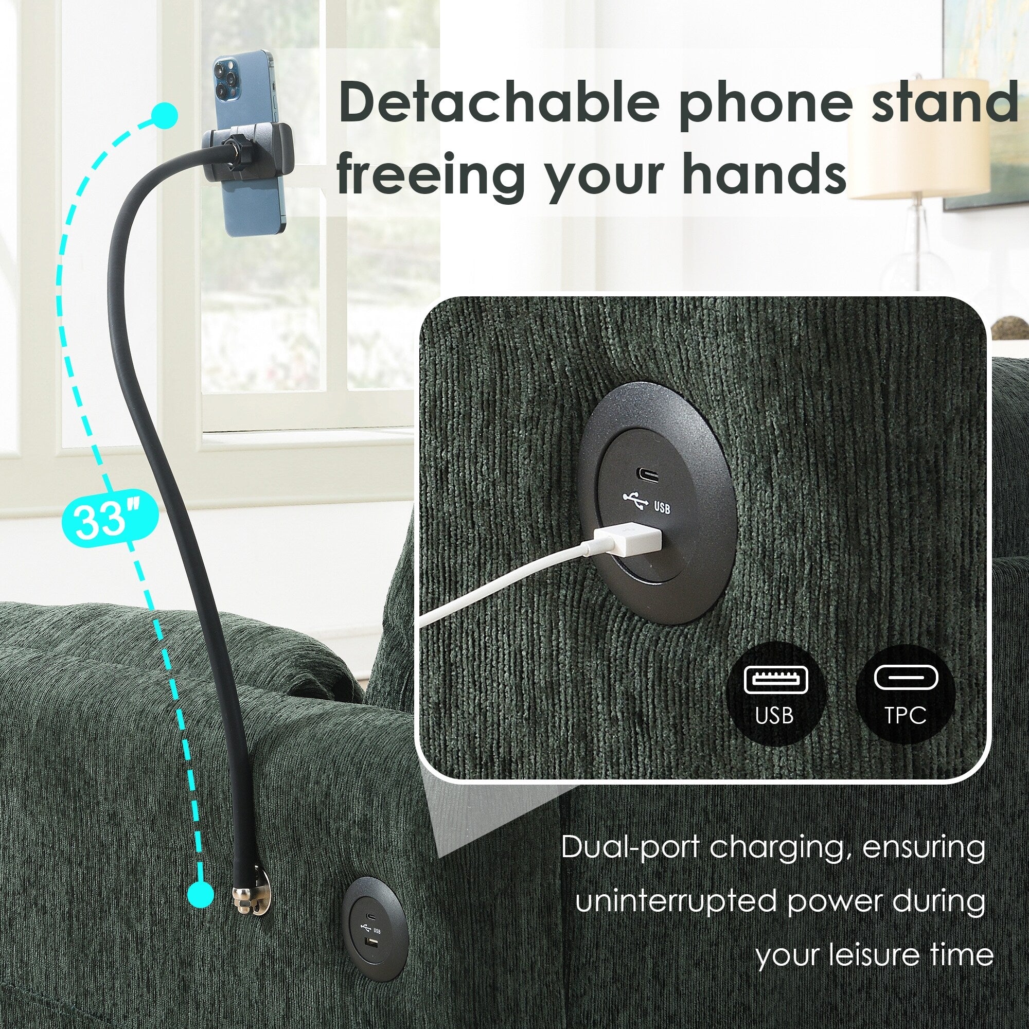 Canapé sectionnel en chenille avec pouf de rangement et poches, support de téléphone réglable, assise large, ensemble de canapé en L avec chargeur USB