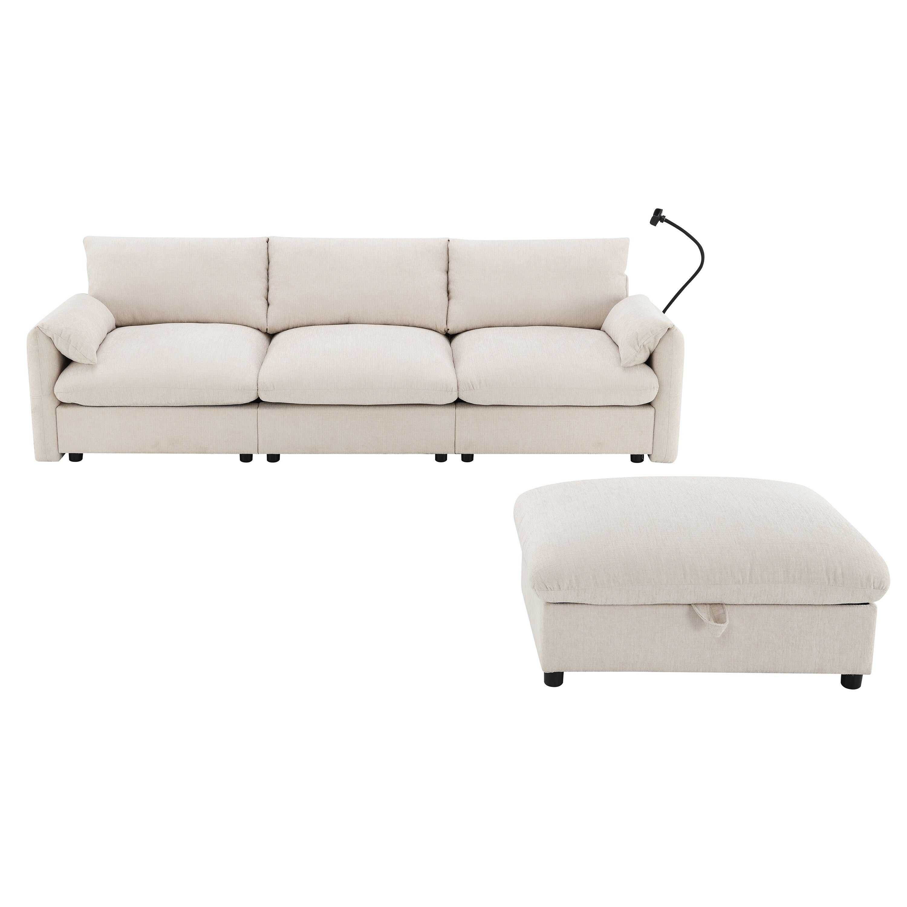 Canapé sectionnel en chenille avec pouf de rangement et poches, support de téléphone réglable, assise large, ensemble de canapé en L avec chargeur USB