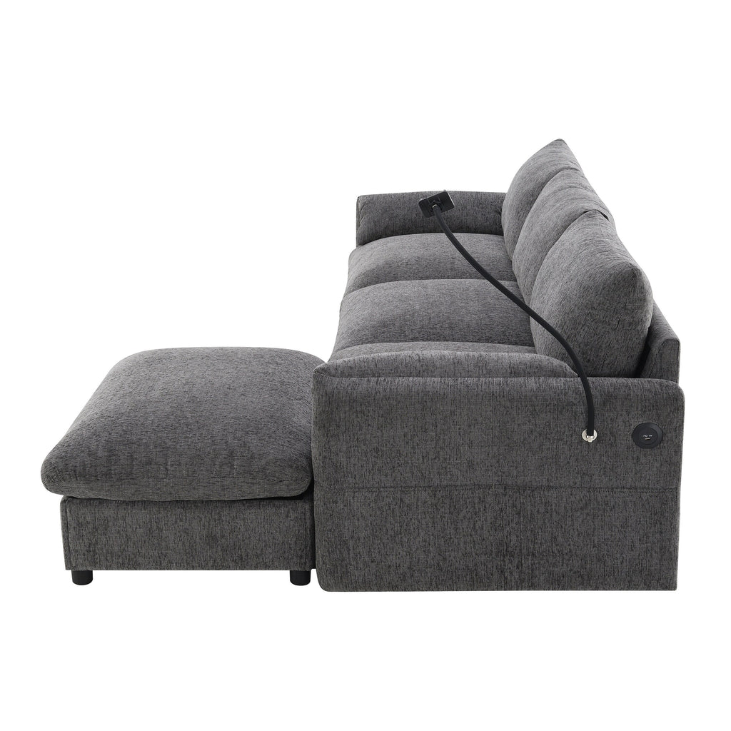 Canapé sectionnel en chenille avec pouf de rangement et poches, support de téléphone réglable, assise large, ensemble de canapé en L avec chargeur USB