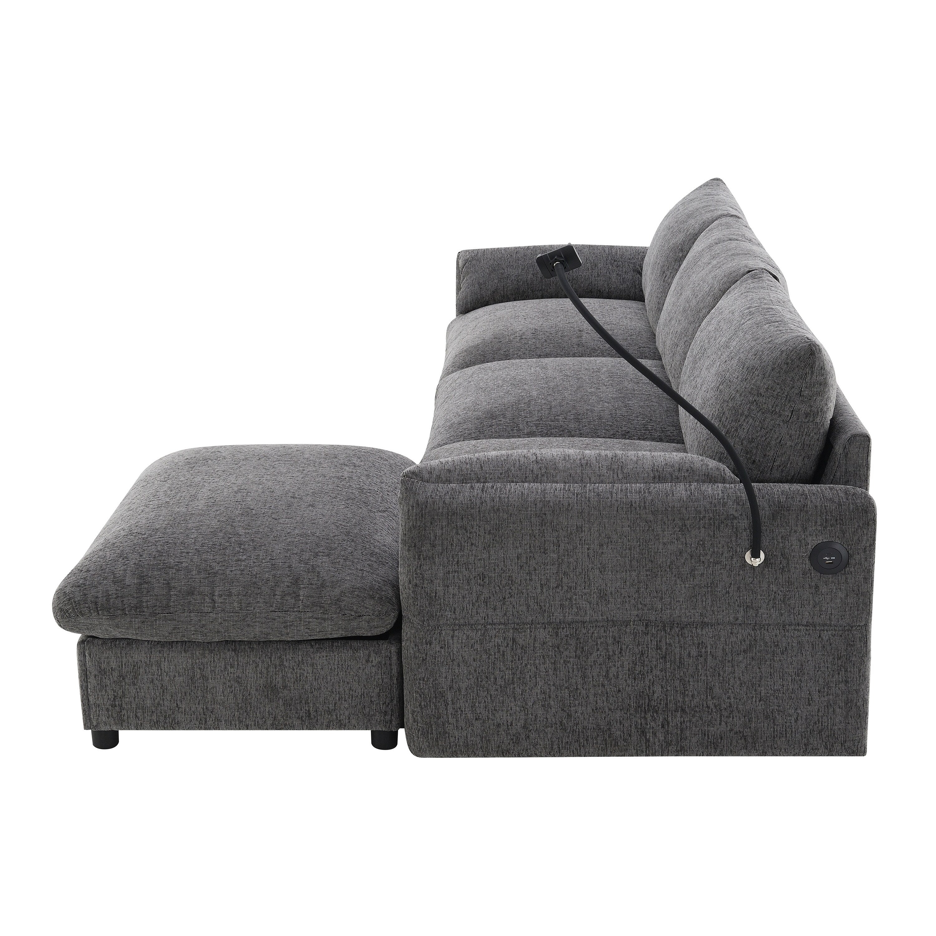 Canapé sectionnel en chenille avec pouf de rangement et poches, support de téléphone réglable, assise large, ensemble de canapé en L avec chargeur USB