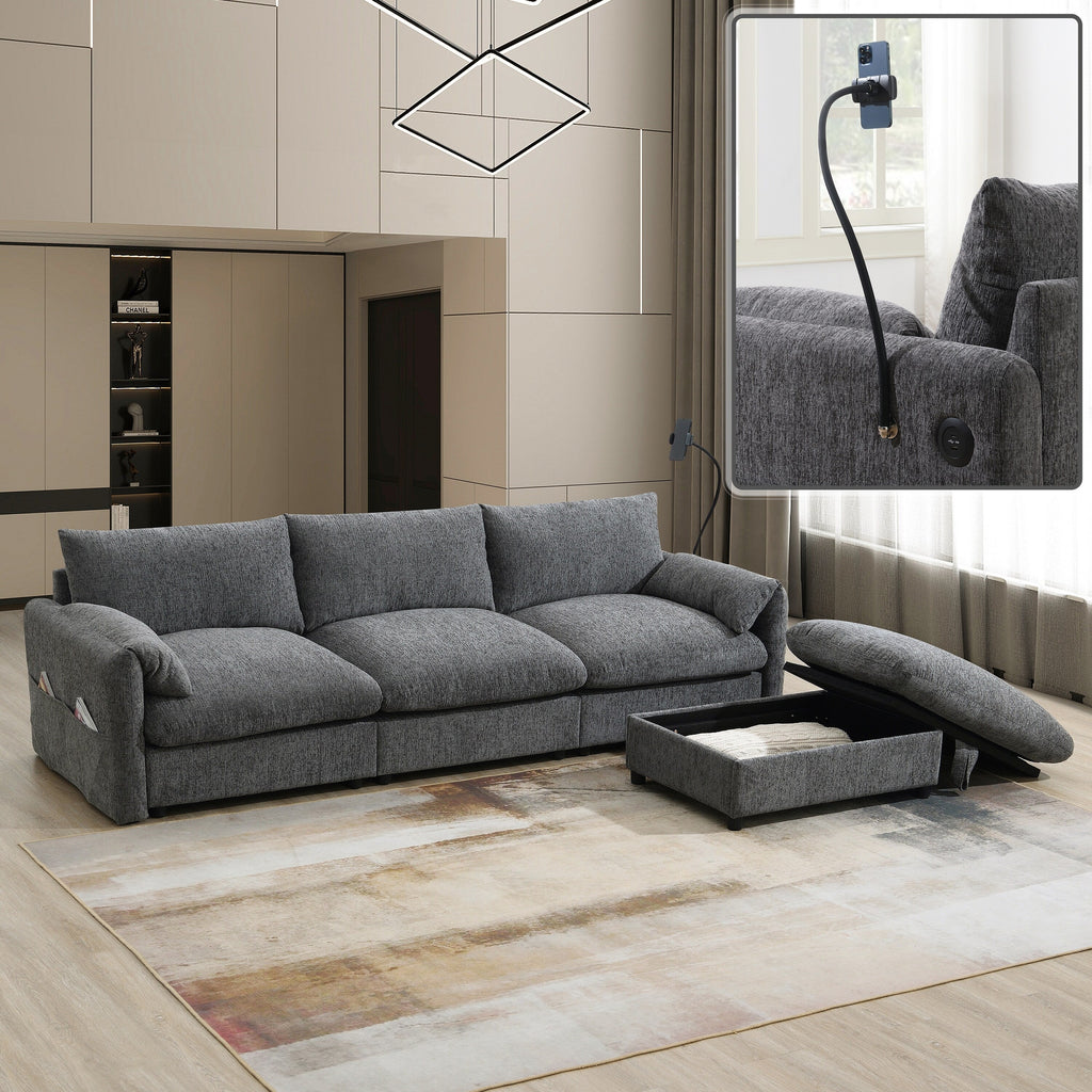 Canapé sectionnel en chenille avec pouf de rangement et poches, support de téléphone réglable, assise large, ensemble de canapé en L avec chargeur USB