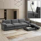 Canapé sectionnel en chenille avec pouf de rangement et poches, support de téléphone réglable, assise large, ensemble de canapé en L avec chargeur USB