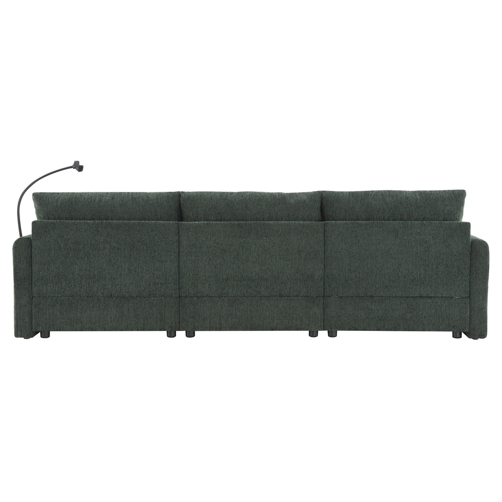 Canapé sectionnel en chenille avec pouf de rangement et poches, support de téléphone réglable, assise large, ensemble de canapé en L avec chargeur USB