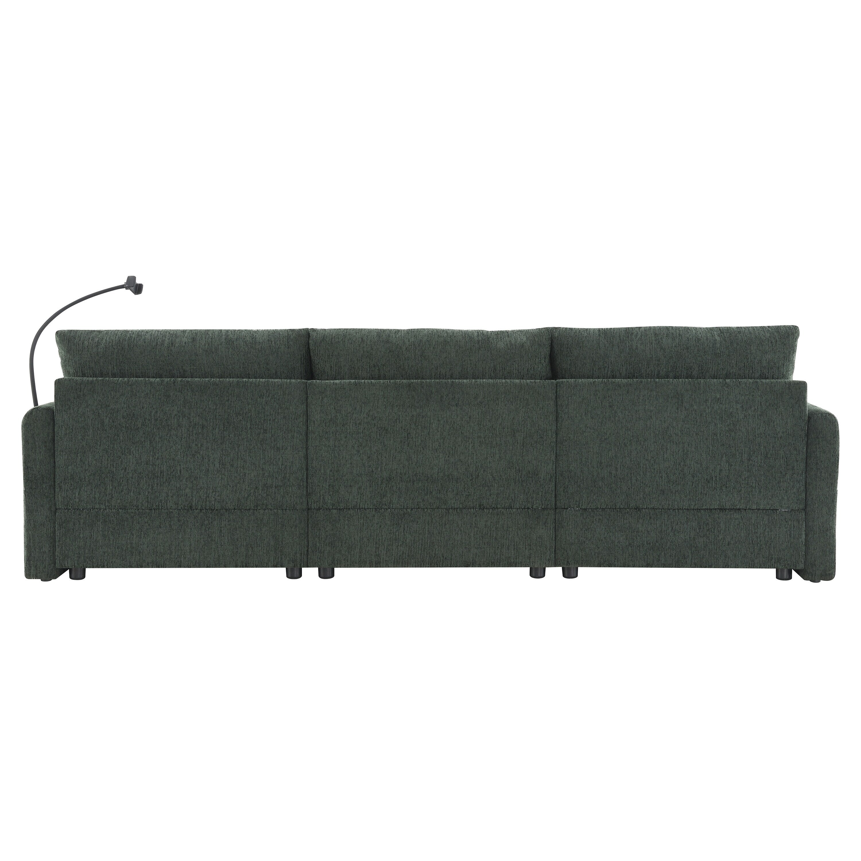Canapé sectionnel en chenille avec pouf de rangement et poches, support de téléphone réglable, assise large, ensemble de canapé en L avec chargeur USB