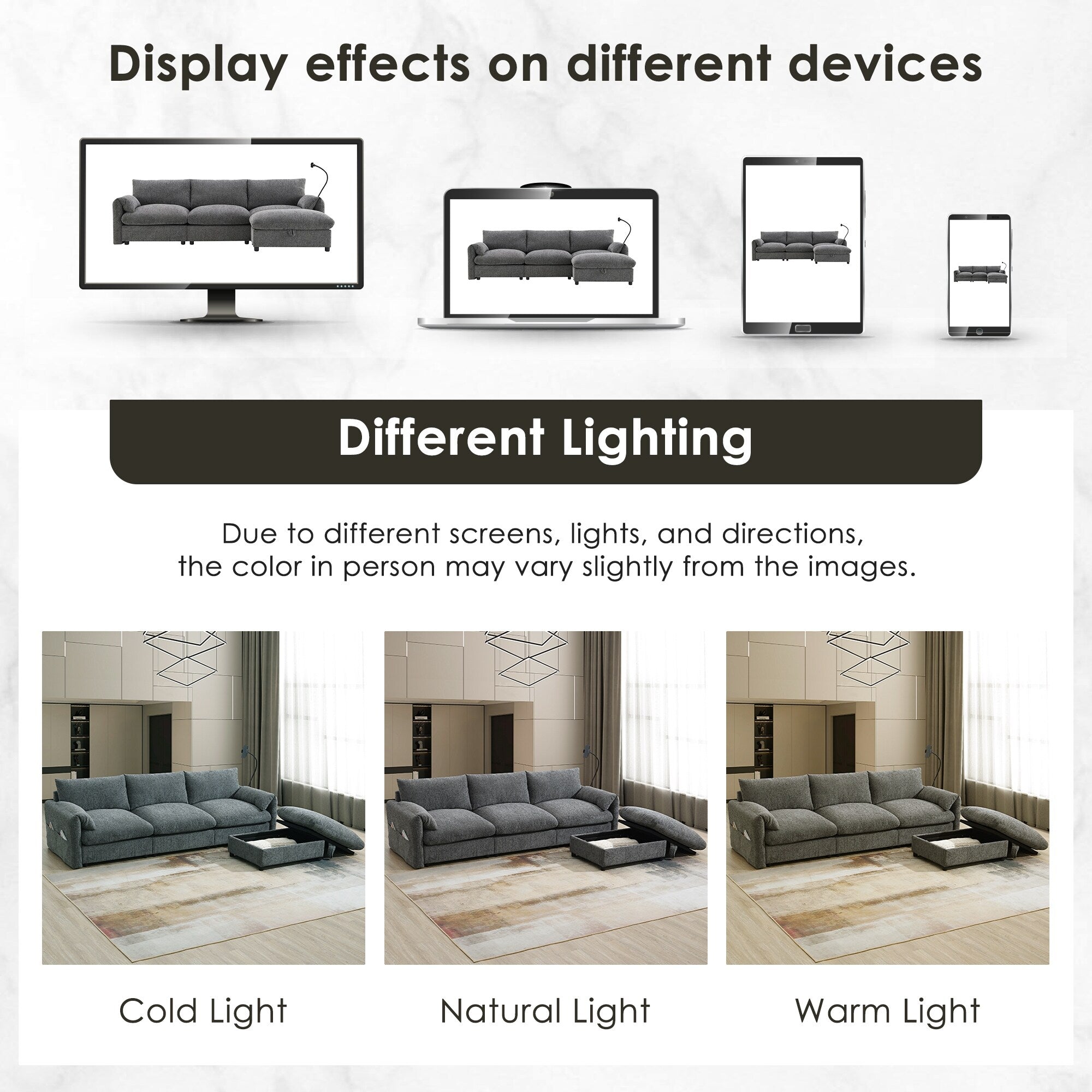 Canapé sectionnel en chenille avec pouf de rangement et poches, support de téléphone réglable, assise large, ensemble de canapé en L avec chargeur USB
