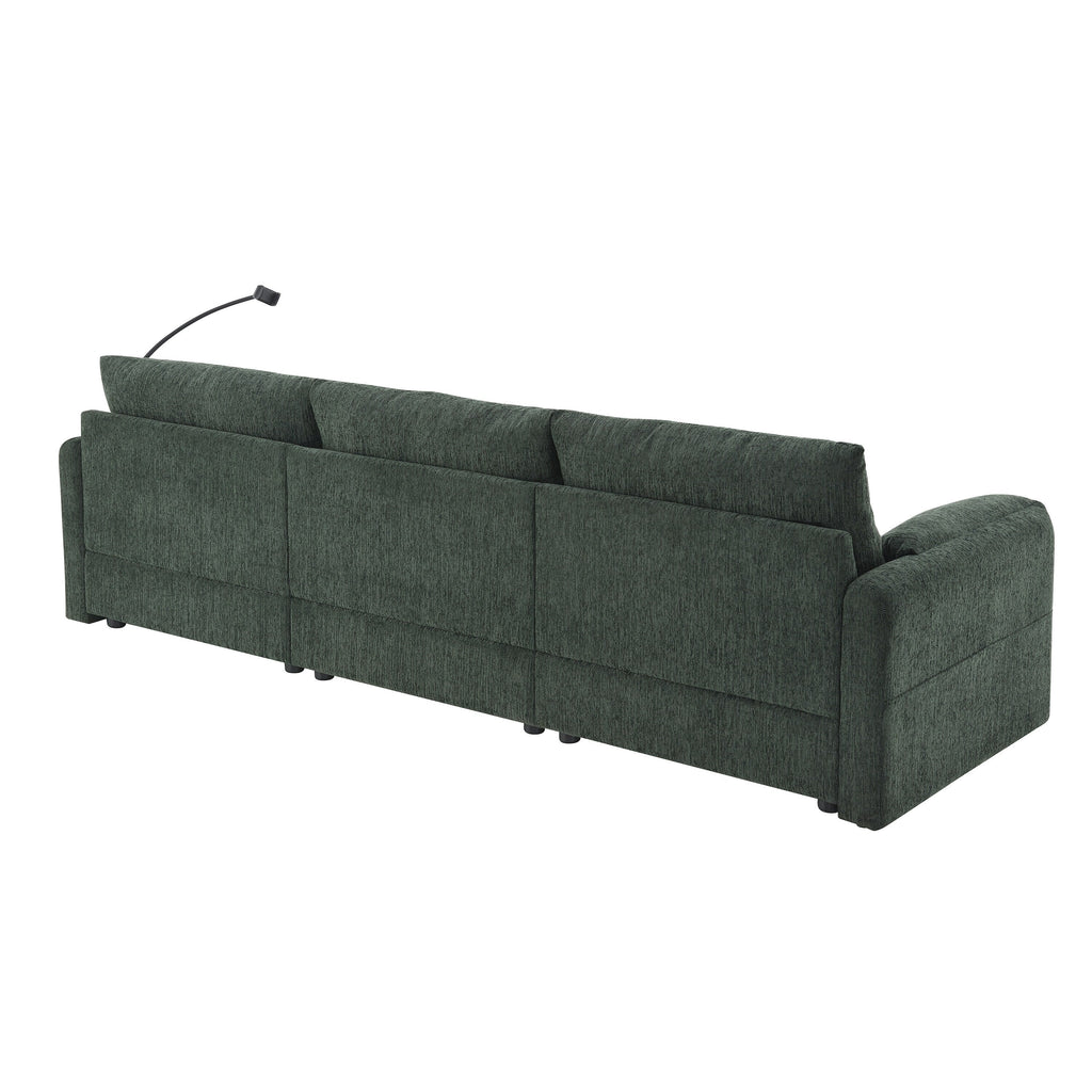 Canapé sectionnel en chenille avec pouf de rangement et poches, support de téléphone réglable, assise large, ensemble de canapé en L avec chargeur USB