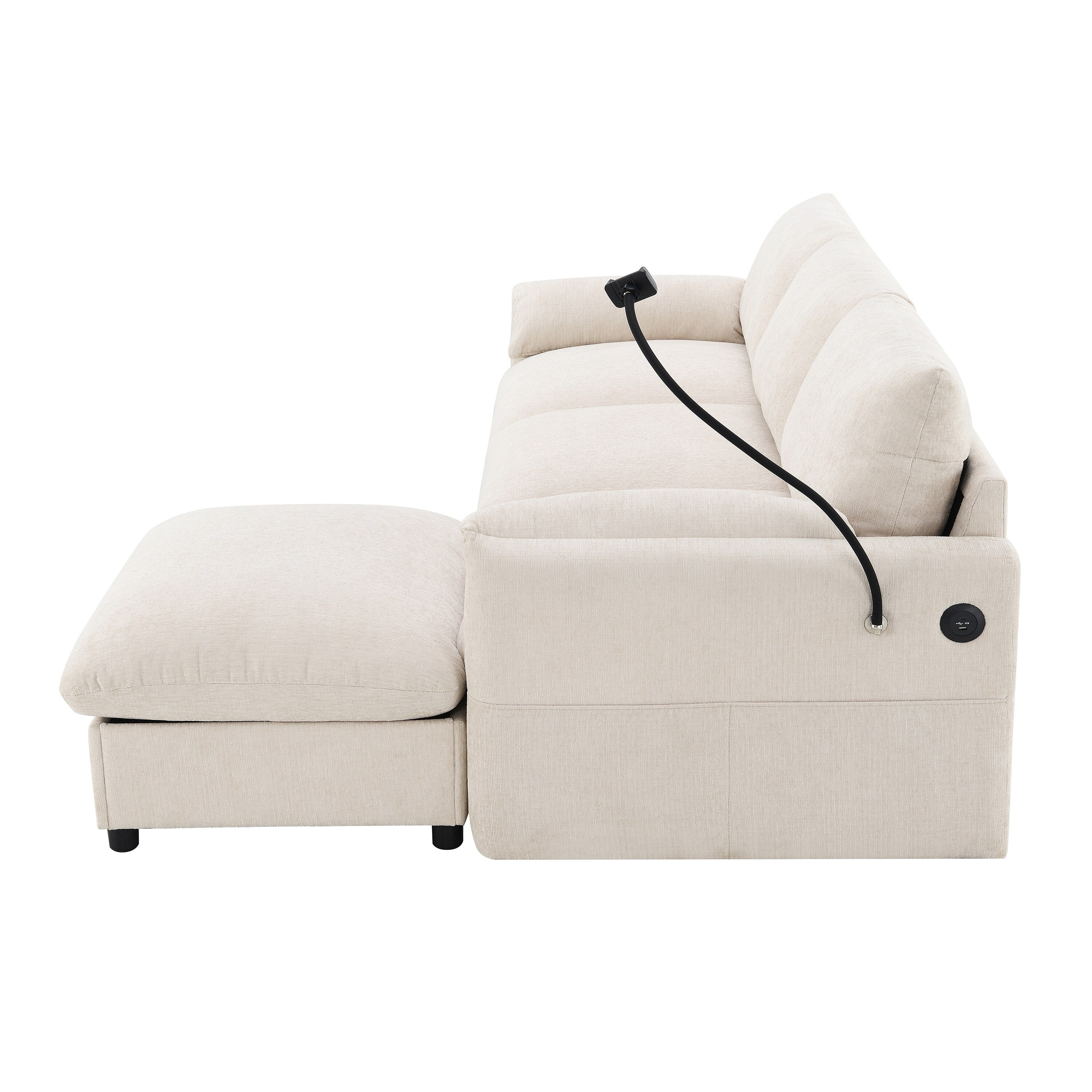 Canapé sectionnel en chenille avec pouf de rangement et poches, support de téléphone réglable, assise large, ensemble de canapé en L avec chargeur USB
