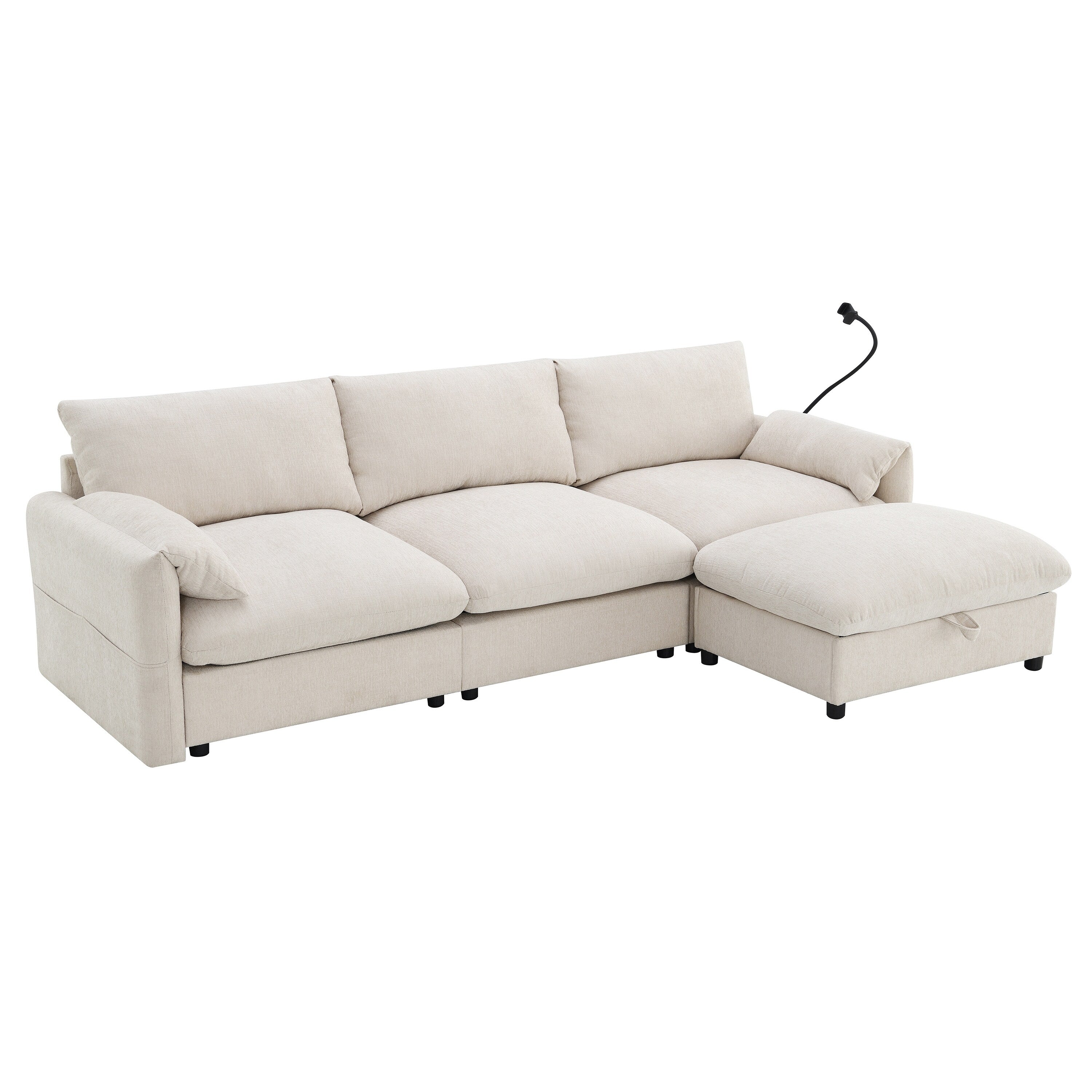 Canapé sectionnel en chenille avec pouf de rangement et poches, support de téléphone réglable, assise large, ensemble de canapé en L avec chargeur USB