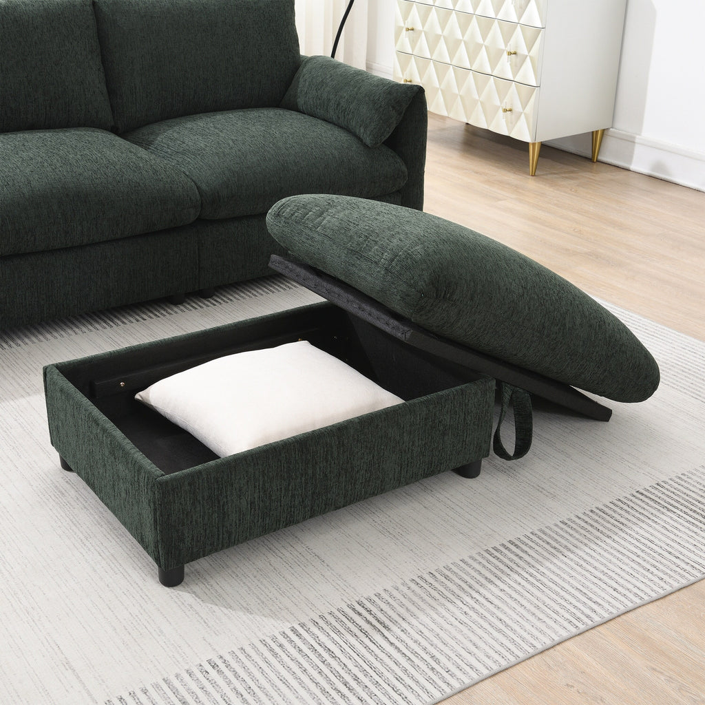Canapé sectionnel en chenille avec pouf de rangement et poches, support de téléphone réglable, assise large, ensemble de canapé en L avec chargeur USB