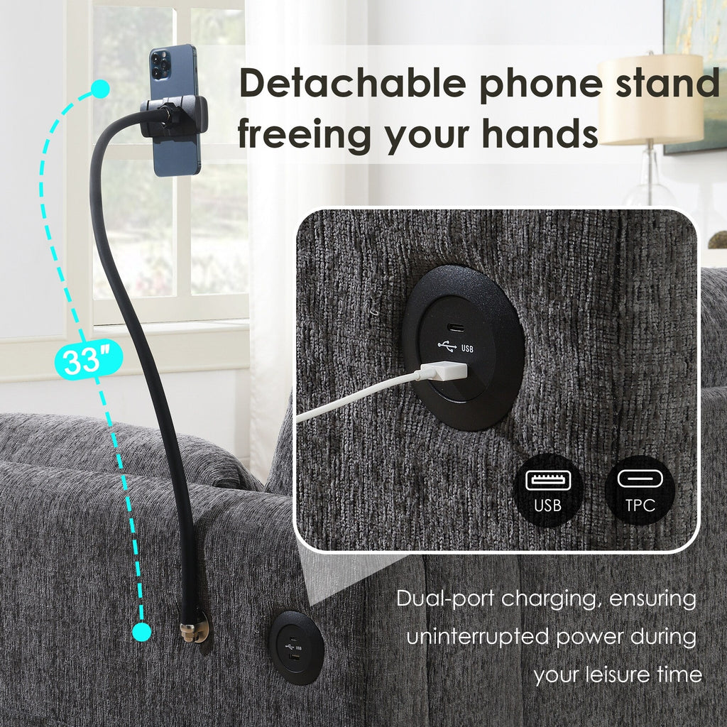 Canapé sectionnel en chenille avec pouf de rangement et poches, support de téléphone réglable, assise large, ensemble de canapé en L avec chargeur USB