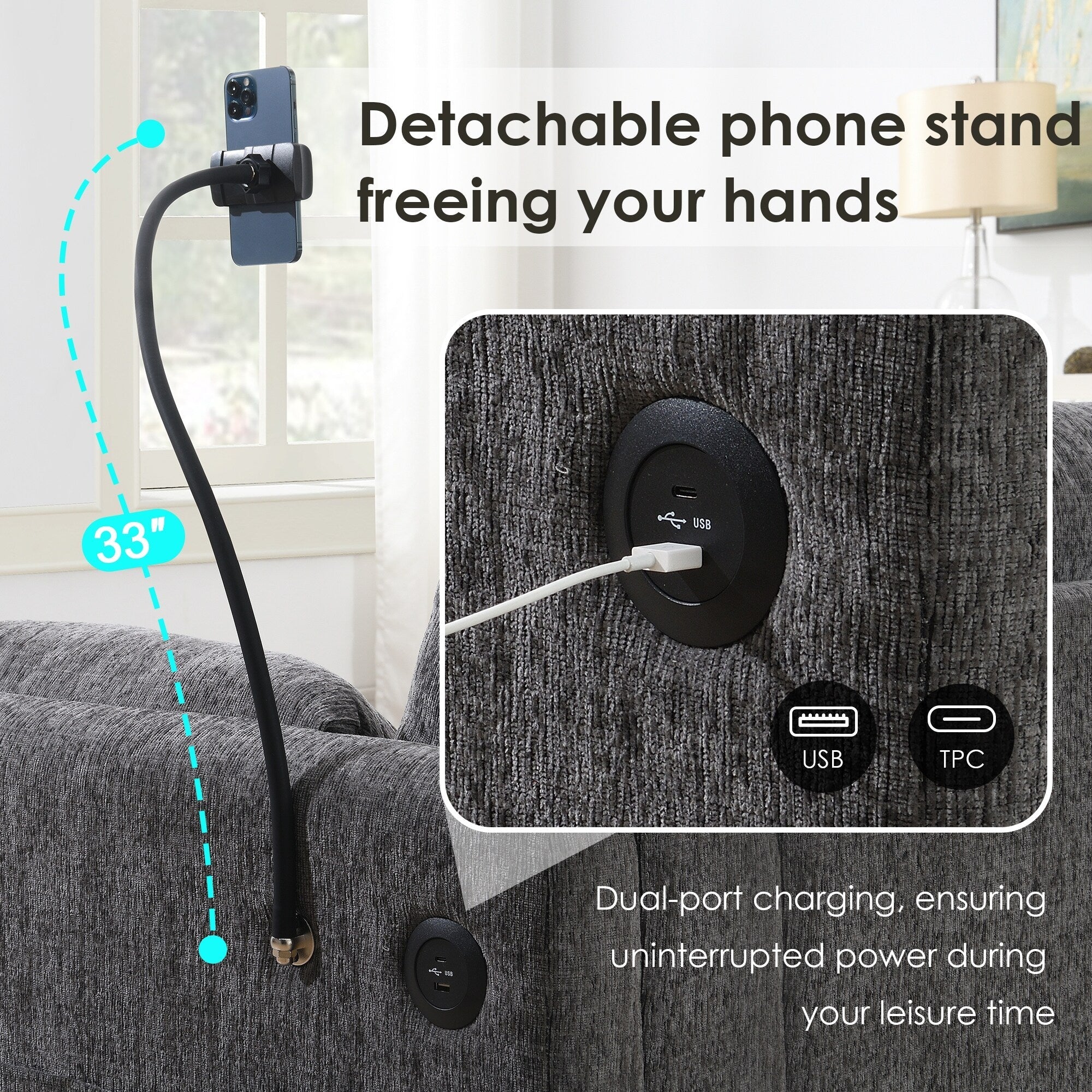 Canapé sectionnel en chenille avec pouf de rangement et poches, support de téléphone réglable, assise large, ensemble de canapé en L avec chargeur USB