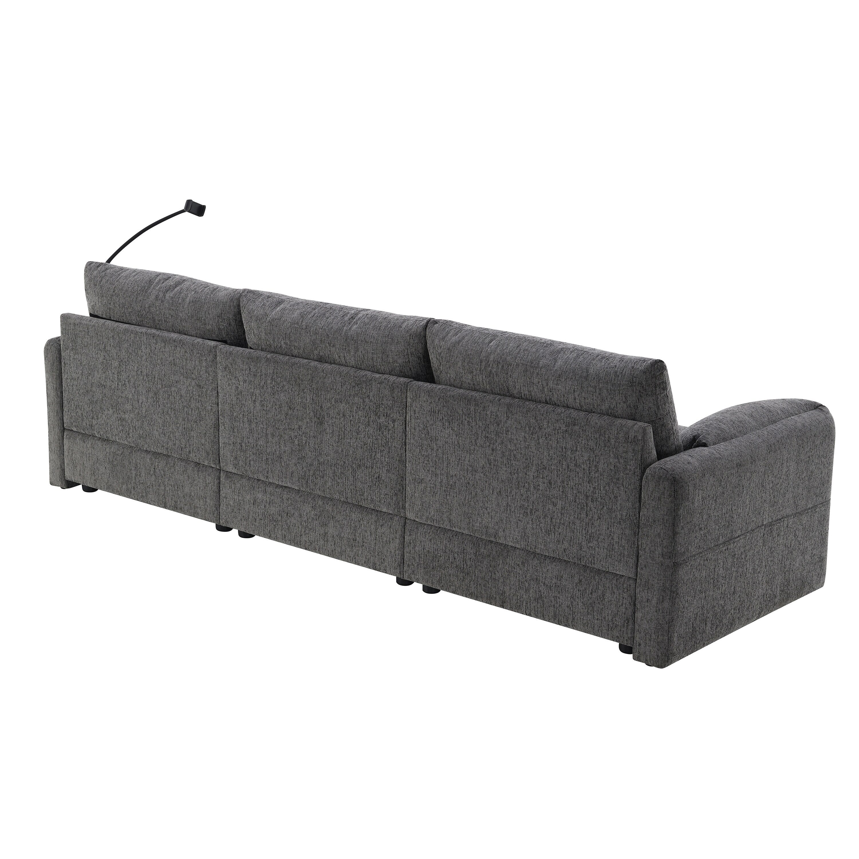 Canapé sectionnel en chenille avec pouf de rangement et poches, support de téléphone réglable, assise large, ensemble de canapé en L avec chargeur USB