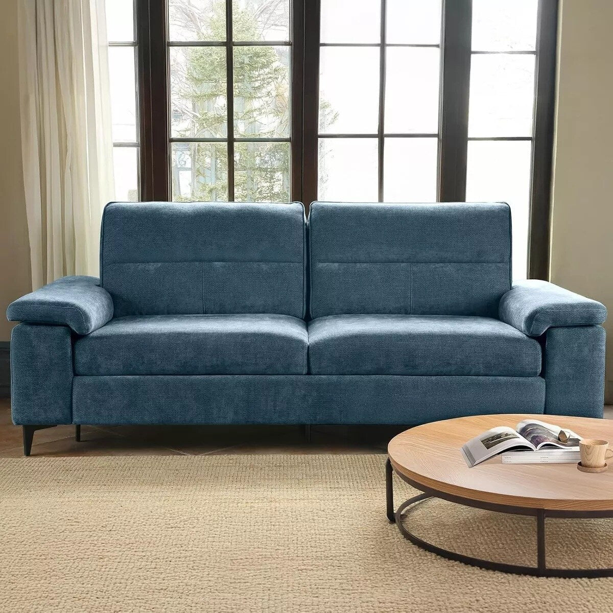 Canapé en chenille avec accoudoirs réglables et coussins extra épais