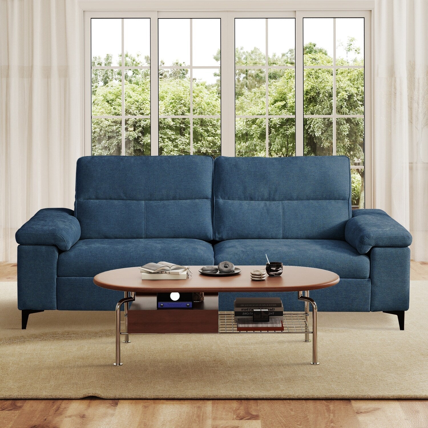 Canapé en chenille avec accoudoirs réglables et coussins extra épais