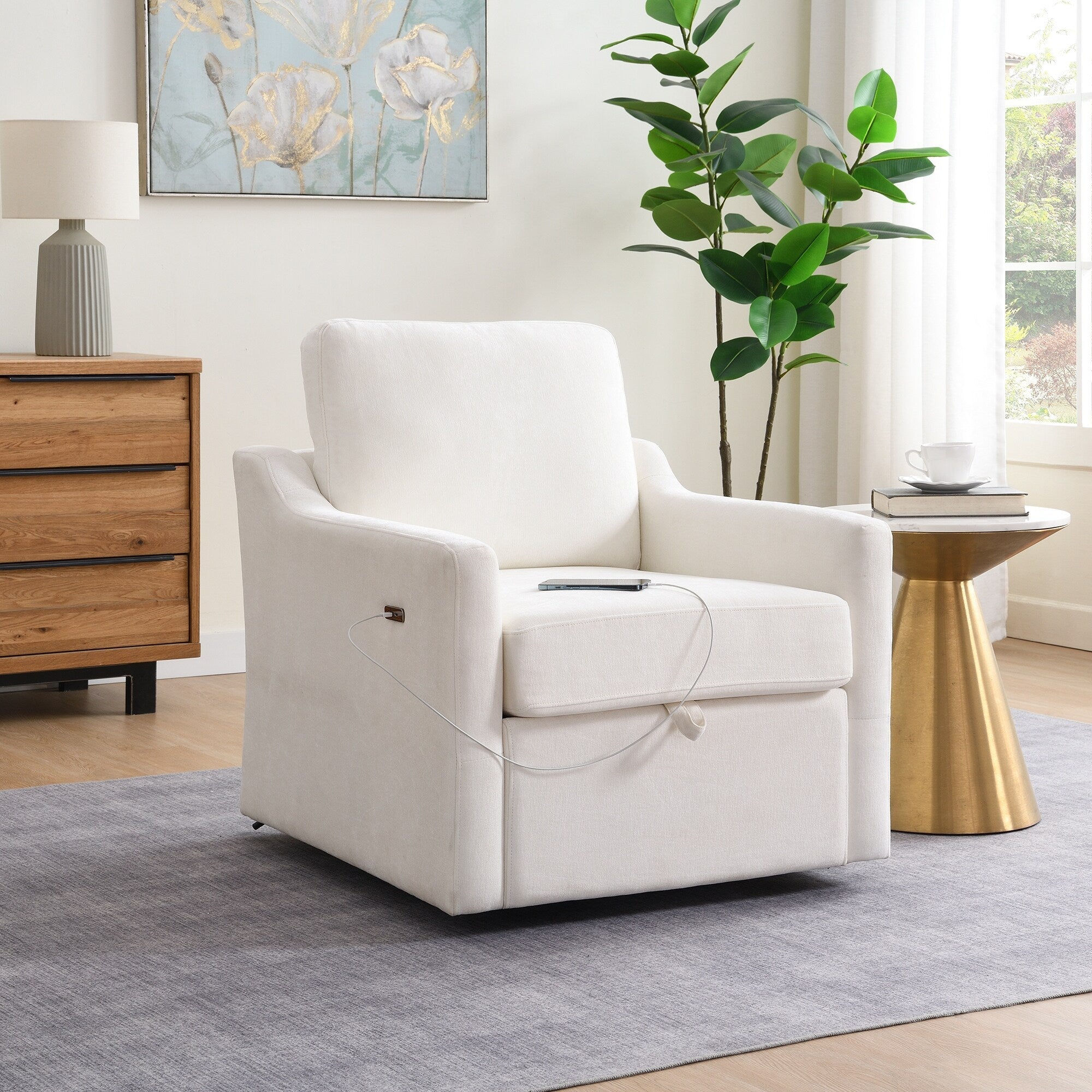 Fauteuil d'appoint pivotant en chenille - Fauteuil de chargement USB/Type-C avec poche pour livre pour salon et chambre