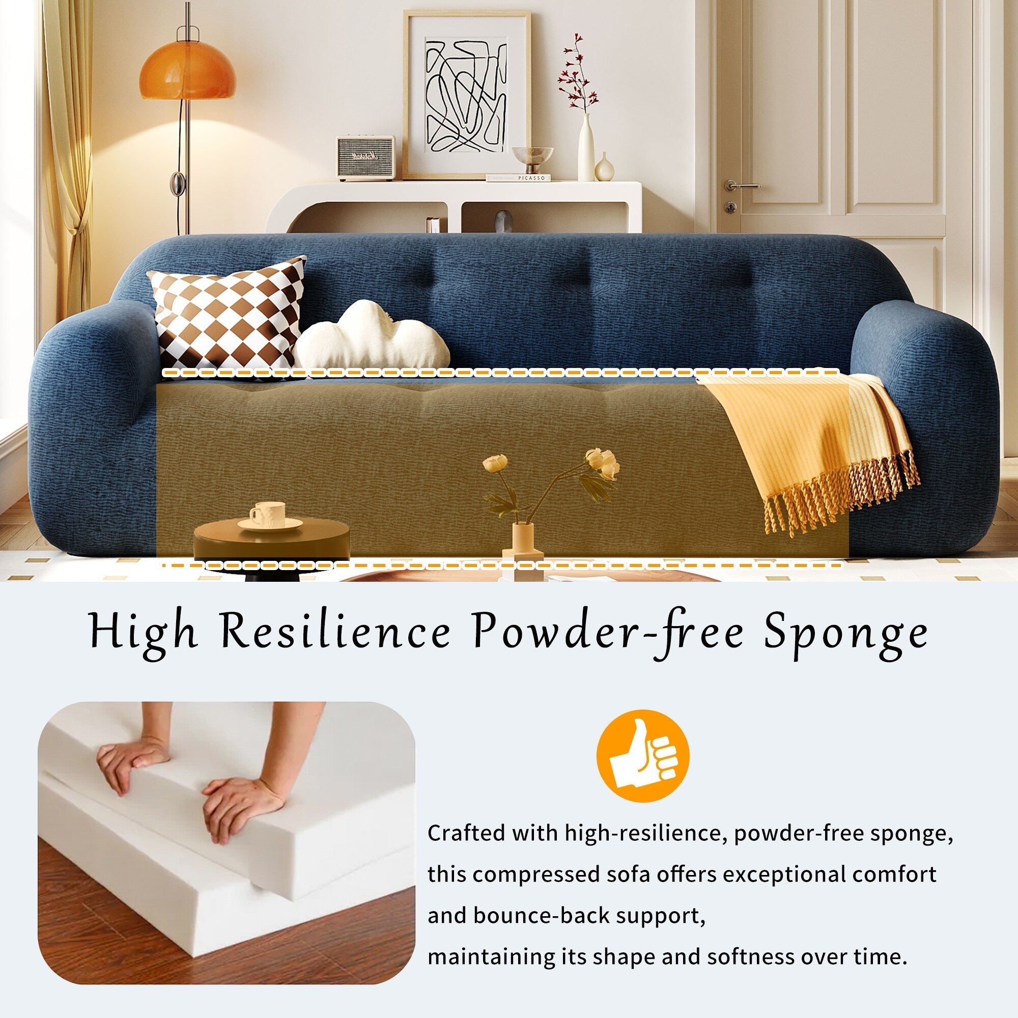 Canapé 3 places rembourré en chenille avec accoudoirs ronds, canapé de salon avec coussin capitonné, canapé futon entièrement en éponge compressée