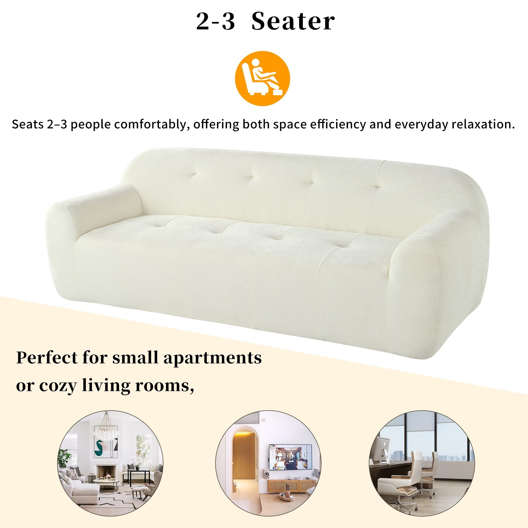 Canapé 3 places rembourré en chenille avec accoudoirs ronds, canapé de salon avec coussin capitonné, canapé futon entièrement en éponge compressée