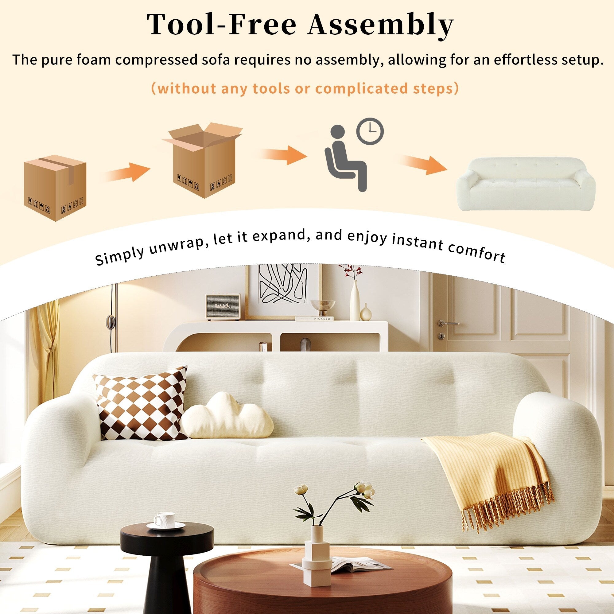 Canapé 3 places rembourré en chenille avec accoudoirs ronds, canapé de salon avec coussin capitonné, canapé futon entièrement en éponge compressée