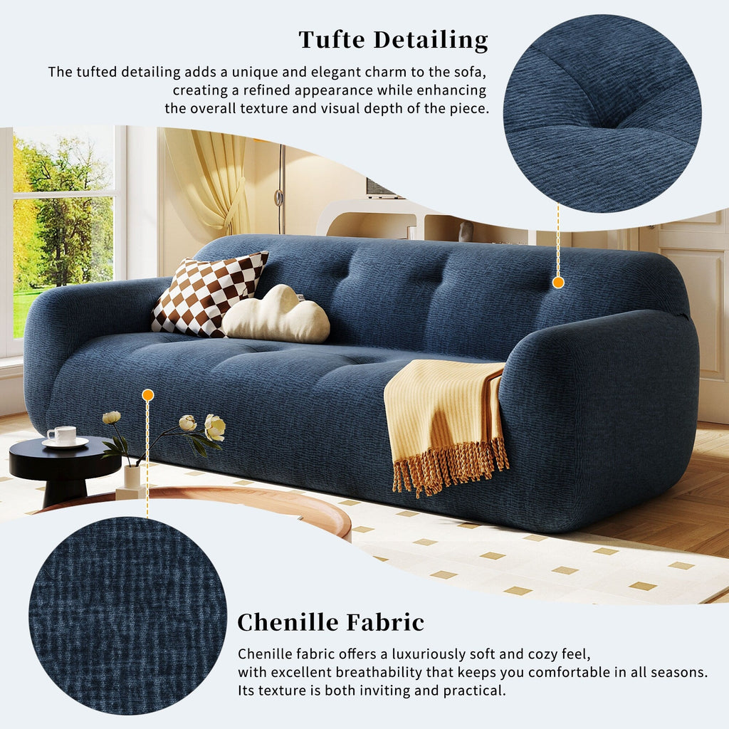 Canapé 3 places rembourré en chenille avec accoudoirs ronds, canapé de salon avec coussin capitonné, canapé futon entièrement en éponge compressée