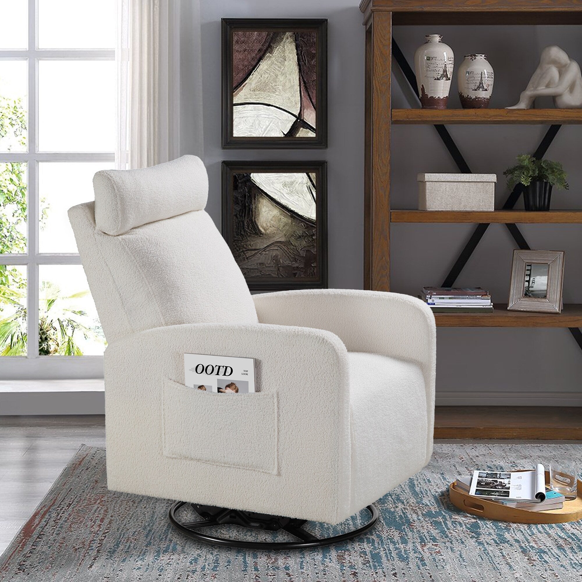 Fauteuil inclinable manuel pivotant à 360° avec coussin épais et poches latérales