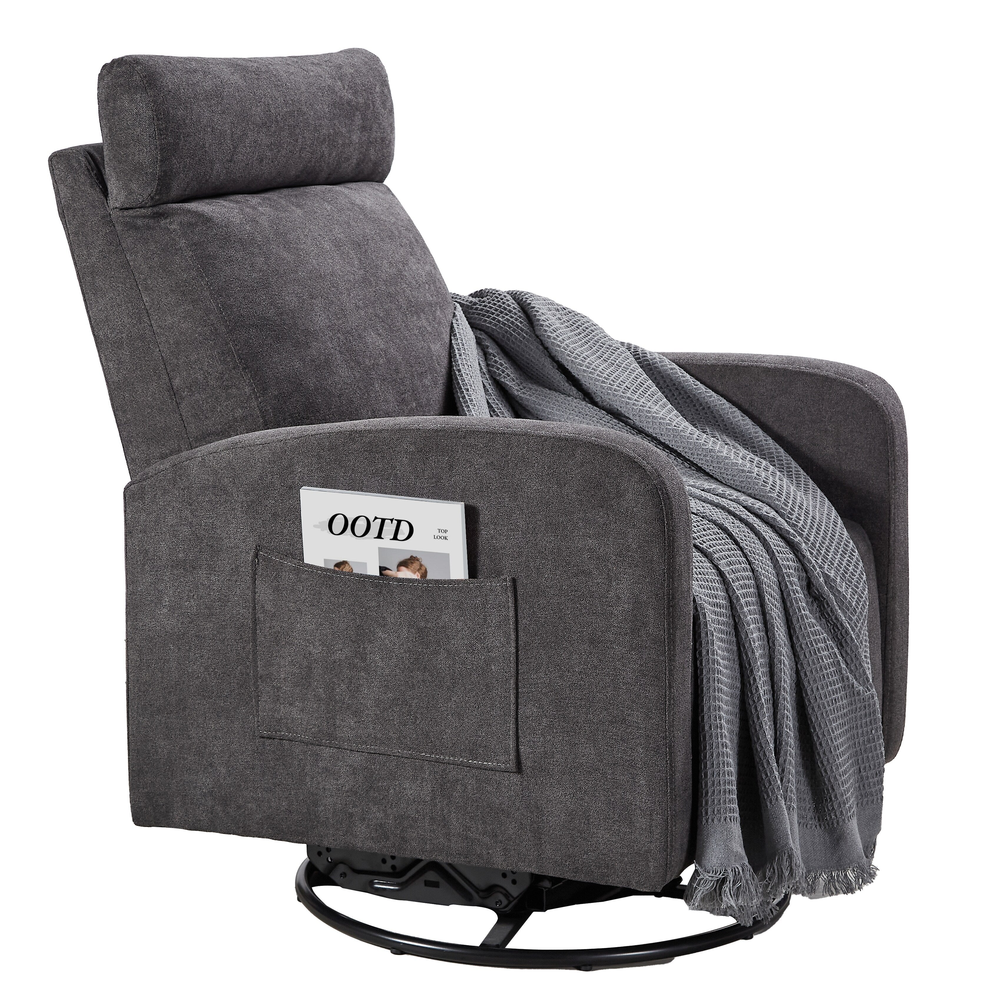 Fauteuil inclinable manuel pivotant à 360° avec coussin épais et poches latérales