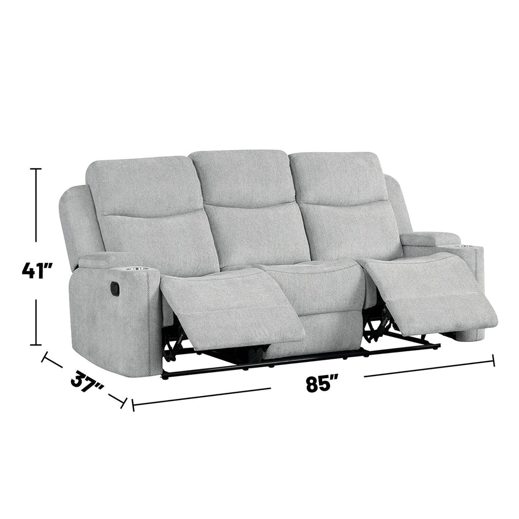 Canapé à mouvement manuel rembourré en chenille avec 2 porte-gobelets, gris clair