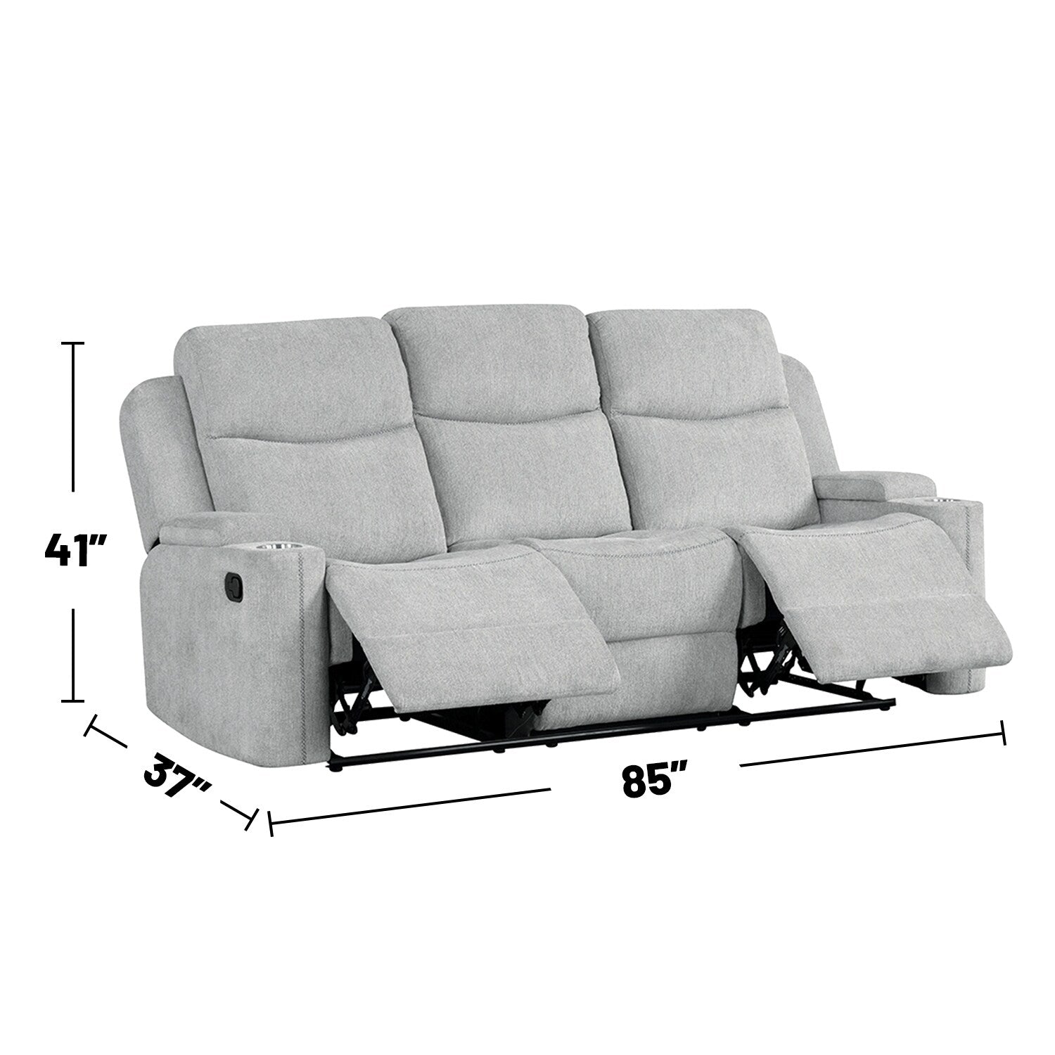 Canapé à mouvement manuel rembourré en chenille avec 2 porte-gobelets, gris clair