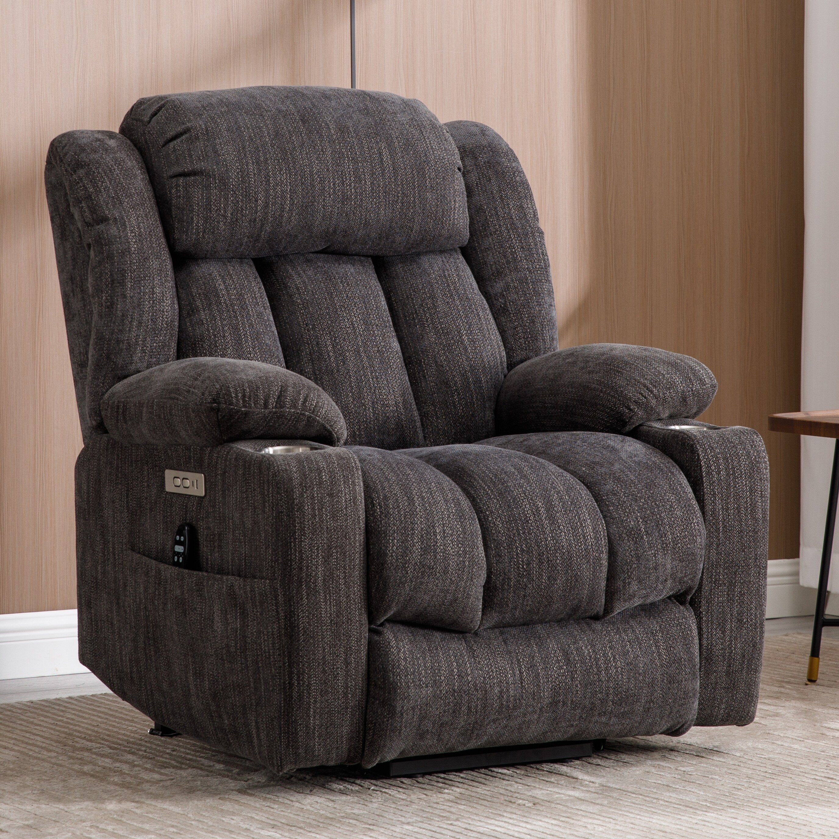Fauteuil inclinable électrique rembourré en chenille avec massage par vibrations à 8 points, chauffage lombaire, ports USB et Type-C, porte-gobelets