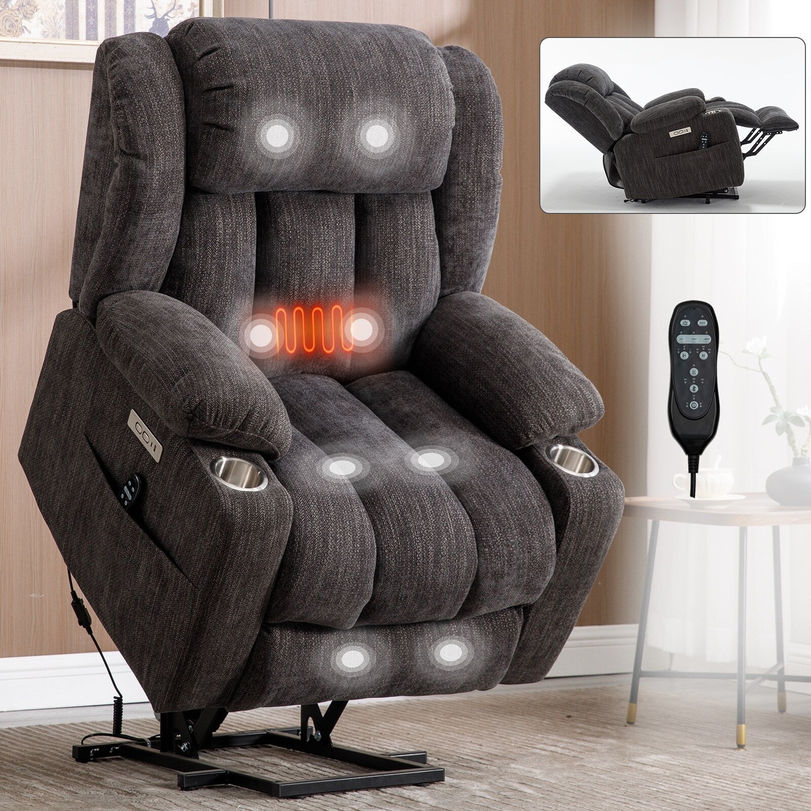 Fauteuil inclinable électrique rembourré en chenille avec massage par vibrations à 8 points, chauffage lombaire, ports USB et Type-C, porte-gobelets