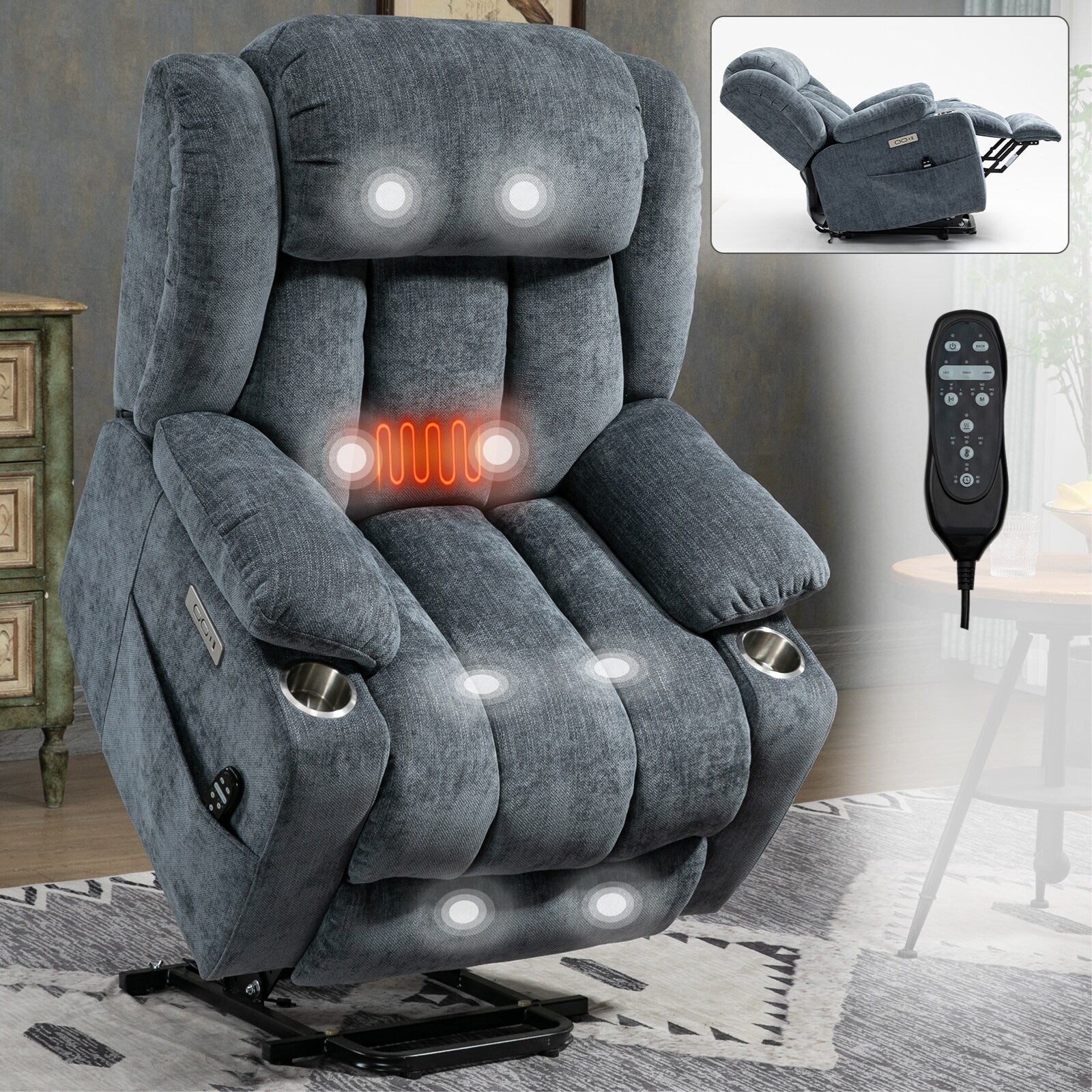 Fauteuil inclinable électrique rembourré en chenille avec massage par vibrations à 8 points, chauffage lombaire, ports USB et Type-C, porte-gobelets