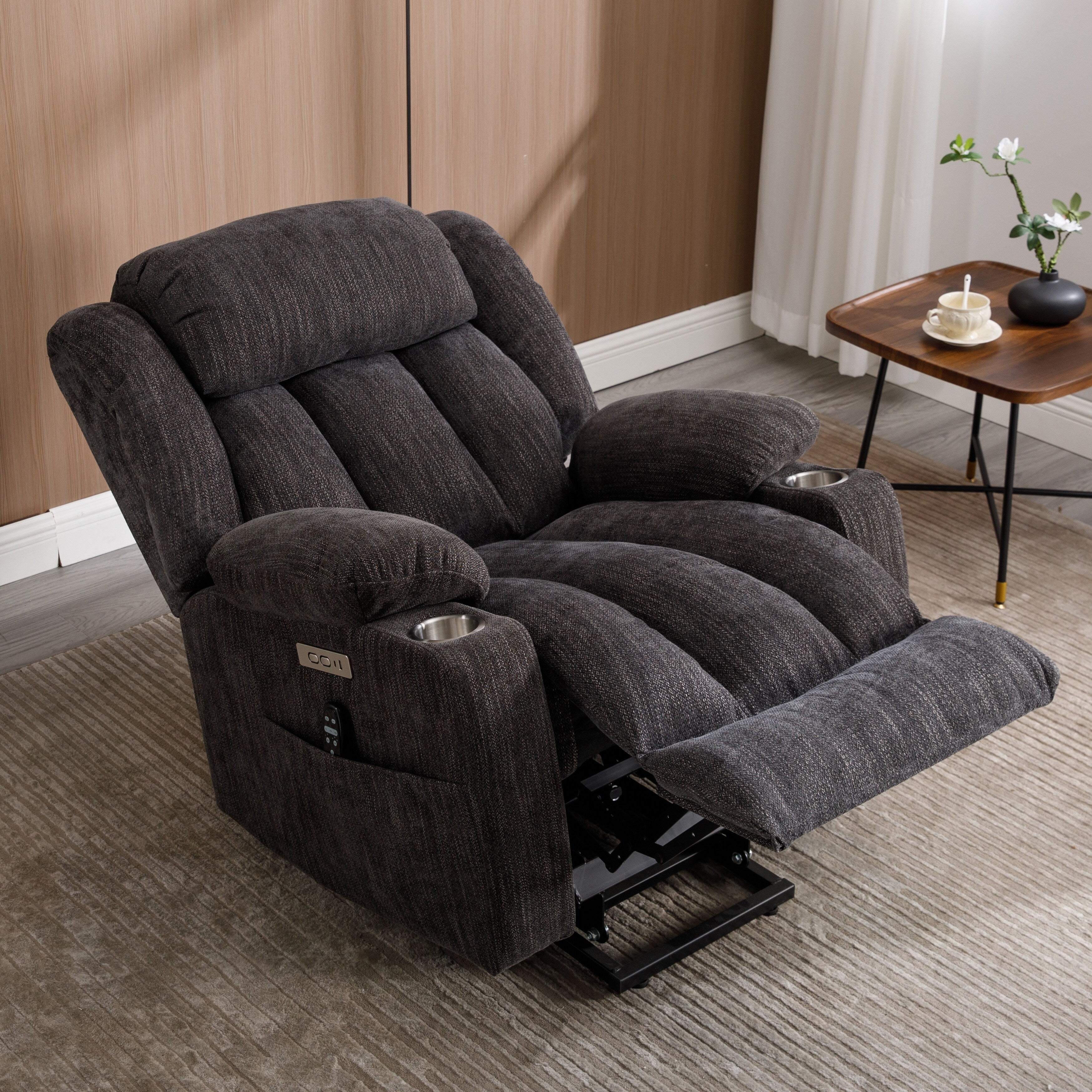 Fauteuil inclinable électrique rembourré en chenille avec massage par vibrations à 8 points, chauffage lombaire, ports USB et Type-C, porte-gobelets