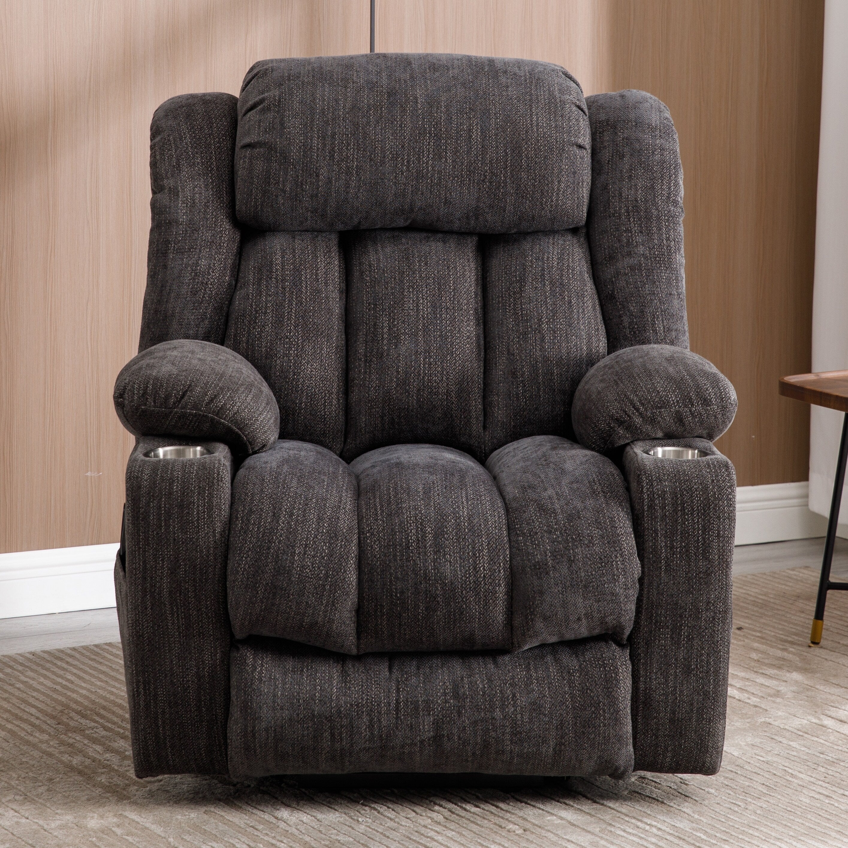 Fauteuil inclinable électrique rembourré en chenille avec massage par vibrations à 8 points, chauffage lombaire, ports USB et Type-C, porte-gobelets