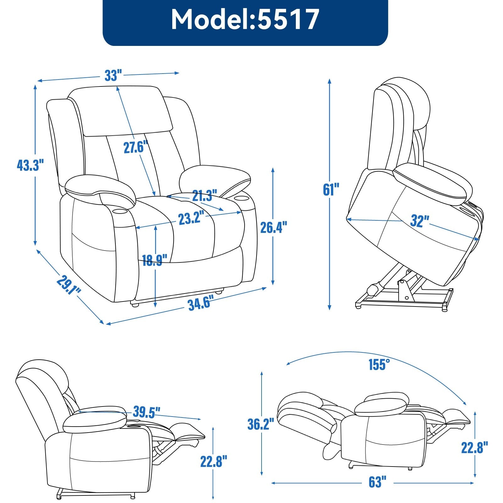 Fauteuil inclinable électrique rembourré en chenille avec massage par vibrations à 8 points, chauffage lombaire, ports USB et Type-C, porte-gobelets