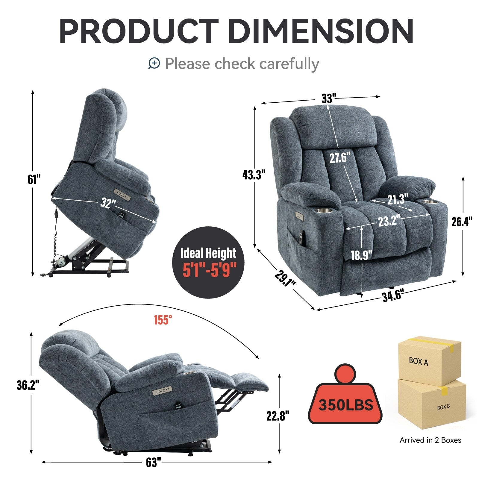 Fauteuil inclinable électrique rembourré en chenille avec massage par vibrations à 8 points, chauffage lombaire, ports USB et Type-C, porte-gobelets