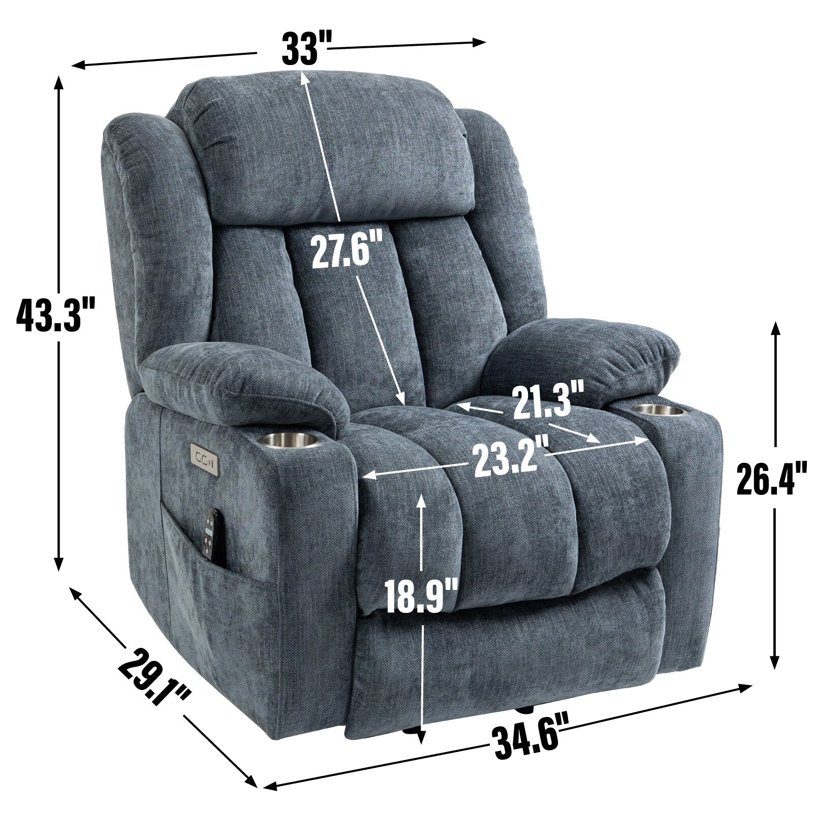 Fauteuil inclinable électrique rembourré en chenille avec massage par vibrations à 8 points, chauffage lombaire, ports USB et Type-C, porte-gobelets