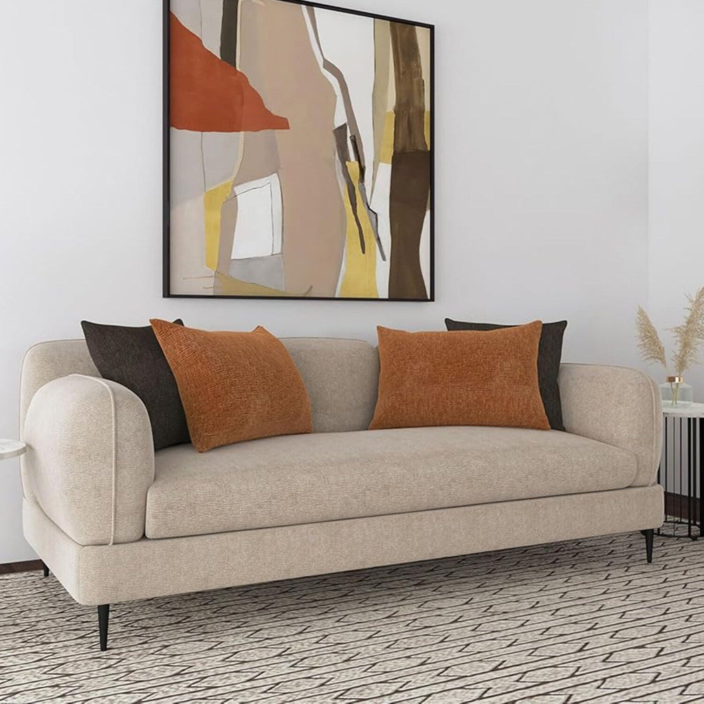 Canapé rembourré en chenille avec accoudoirs sculptés en latte