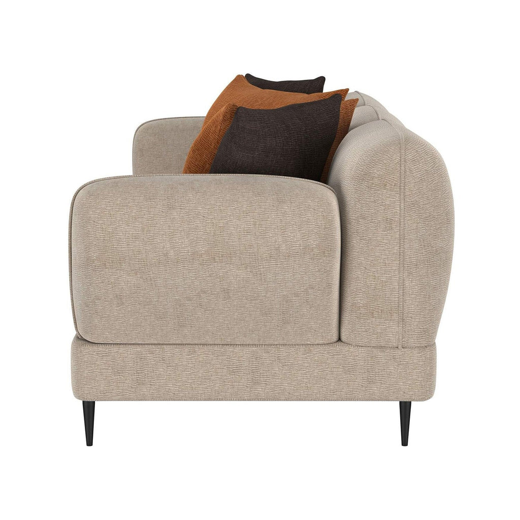 Canapé rembourré en chenille avec accoudoirs sculptés en latte